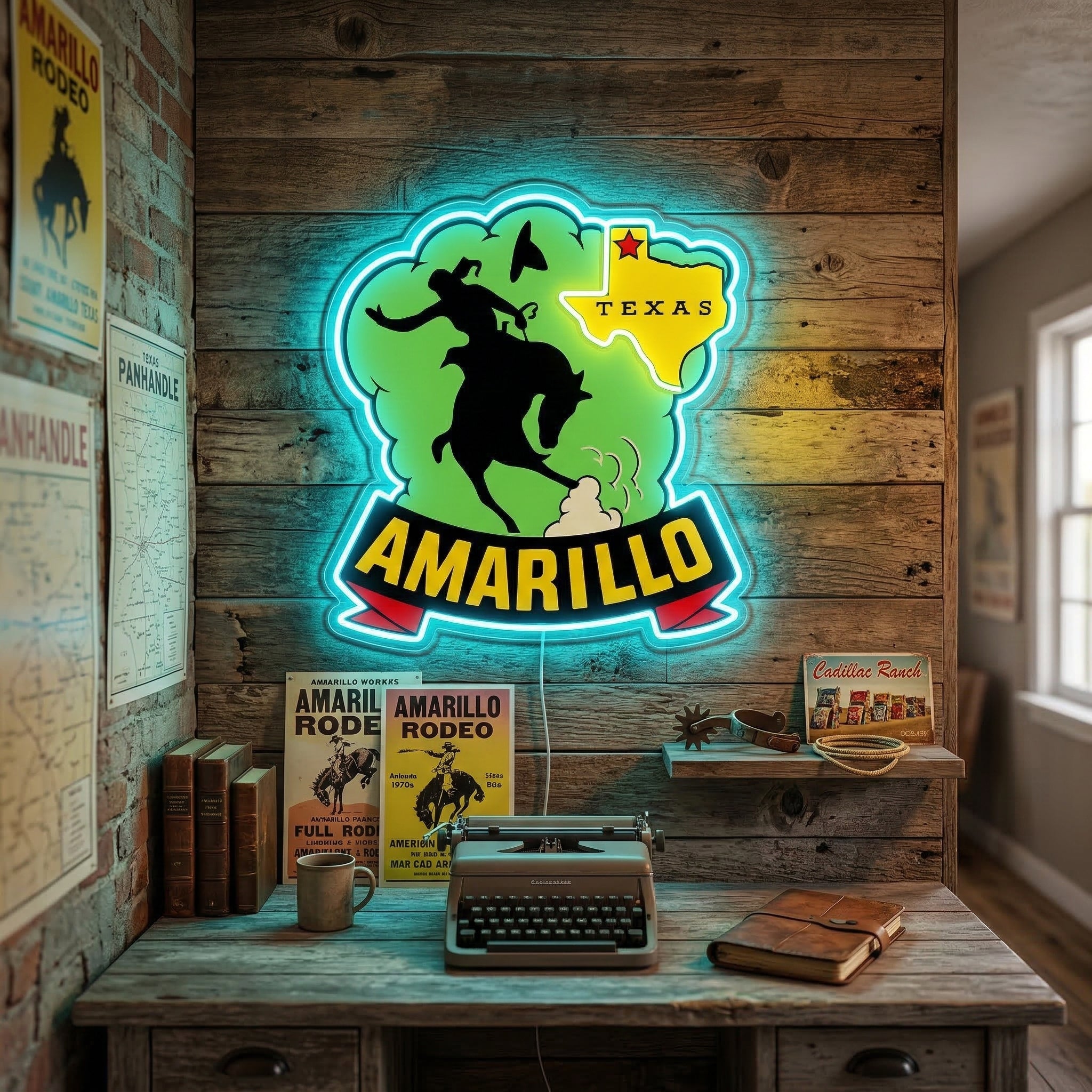 ShineNeon™ Amarillo Texas Bronco Rider LED Neon Sign Western Cowboy Man Cave Decor USB Power