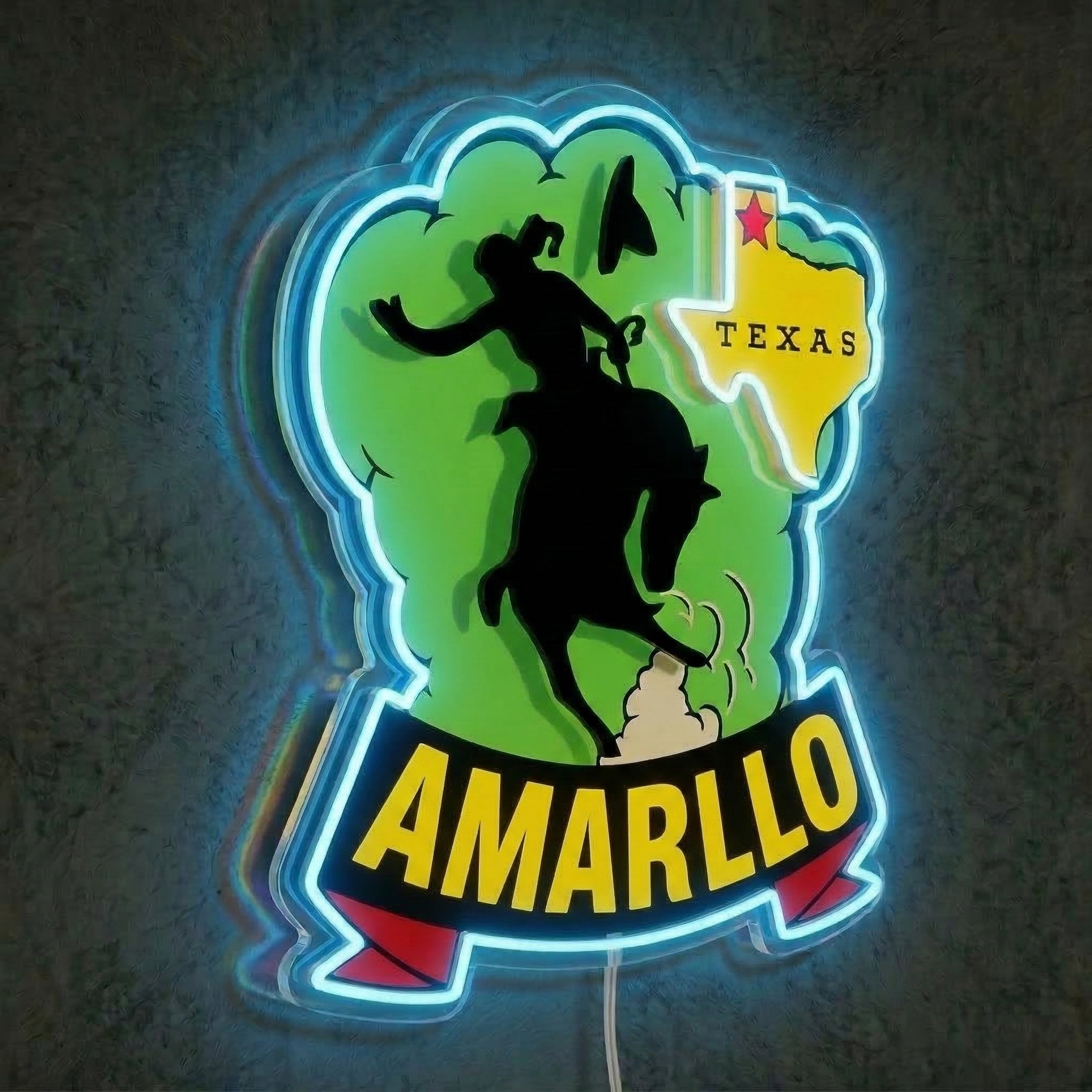 ShineNeon™ Amarillo Texas Bronco Rider LED Neon Sign Western Cowboy Man Cave Decor USB Power