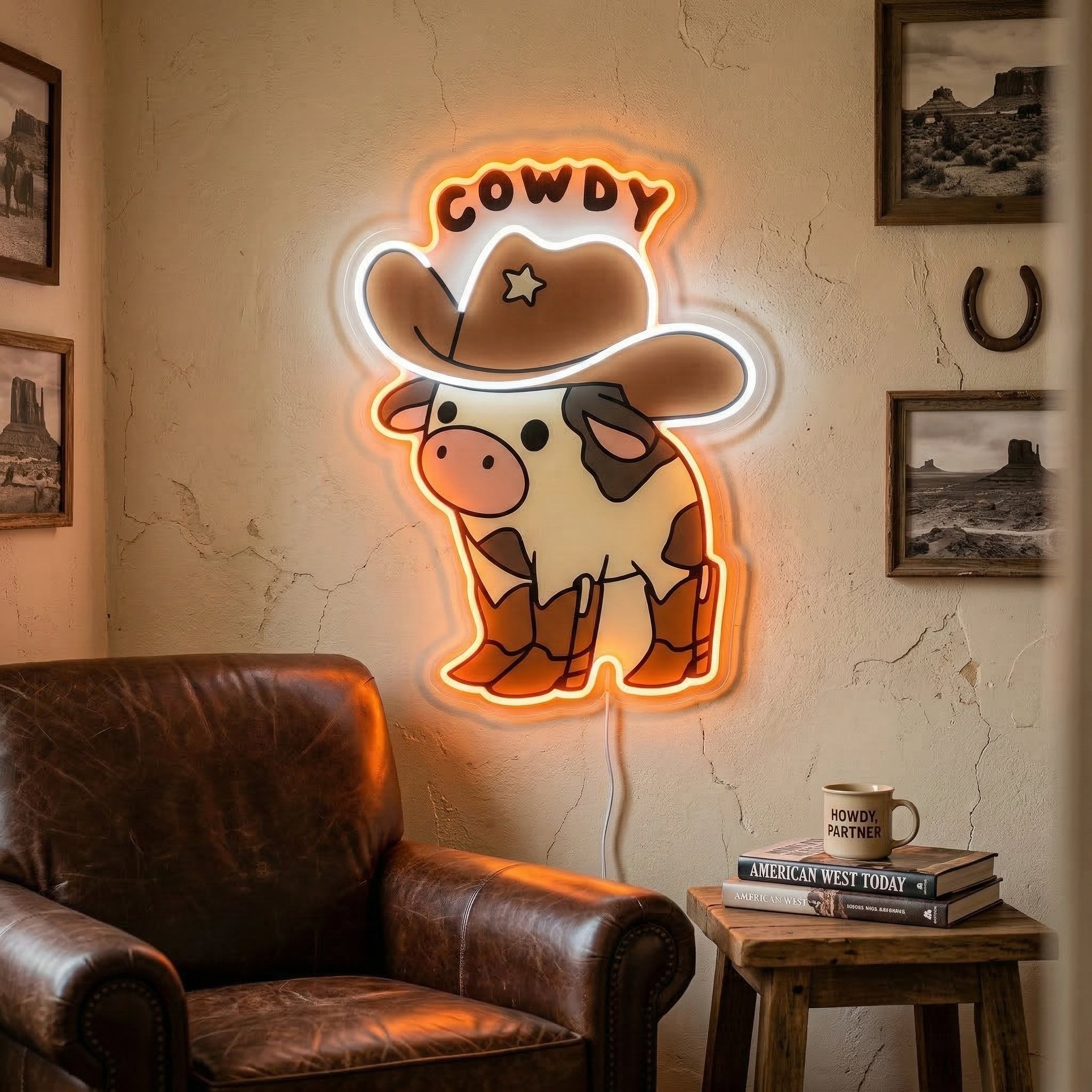 ShineNeon™ Cowdy Cow LED Neon Sign Western Cowboy Boots Room Decor USB Power