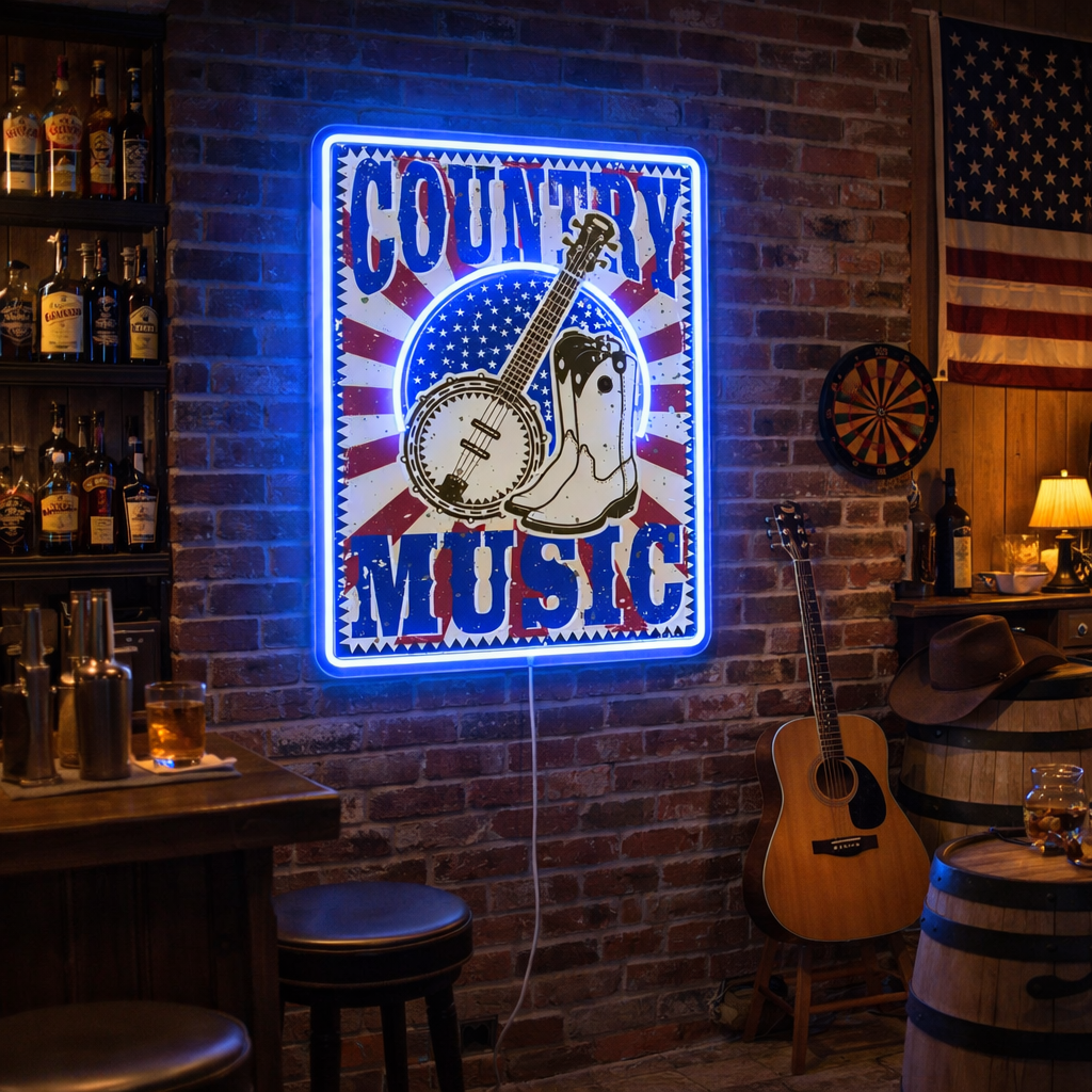 ShineNeon™ Vintage Country Music Banjo LED Neon Sign Rustic Americana Wall Art USB Power