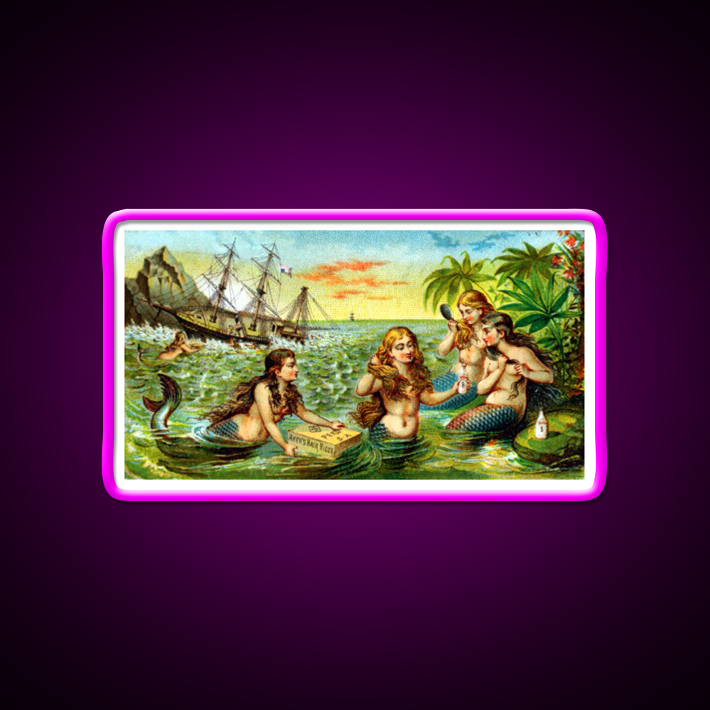 19Th Mermaids At Ship Wreck Barber Shop Haircut Led Neon Sign