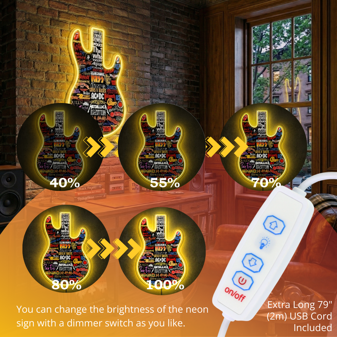 ShineNeon™ Classic Rock Guitar LED Neon Sign - Multi-Band Logo Art for Music Room & Garage