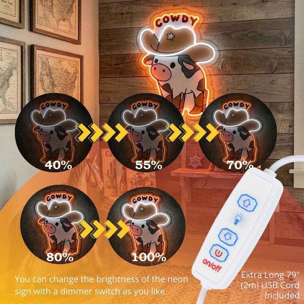 ShineNeon™ Cowdy Cow LED Neon Sign Western Cowboy Boots Room Decor USB Power