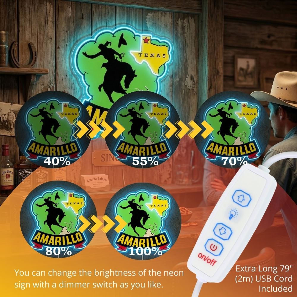 ShineNeon™ Amarillo Texas Bronco Rider LED Neon Sign Western Cowboy Man Cave Decor USB Power