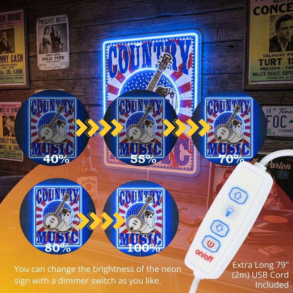 ShineNeon™ Vintage Country Music Banjo LED Neon Sign Rustic Americana Wall Art USB Power