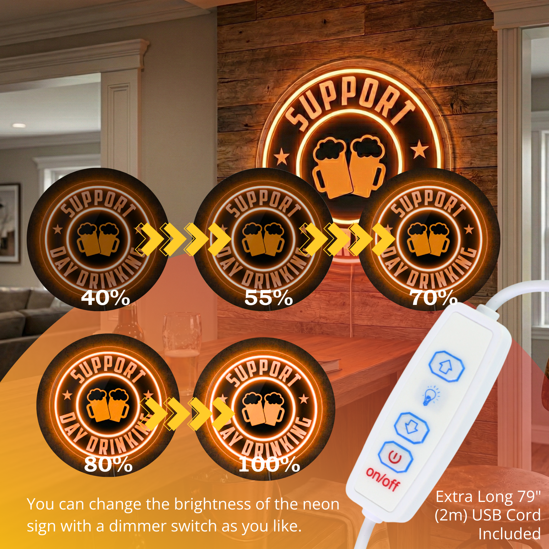 ShineNeon™ Support Day Drinking LED Neon Sign Beer Bar Decor Man Cave USB Powered