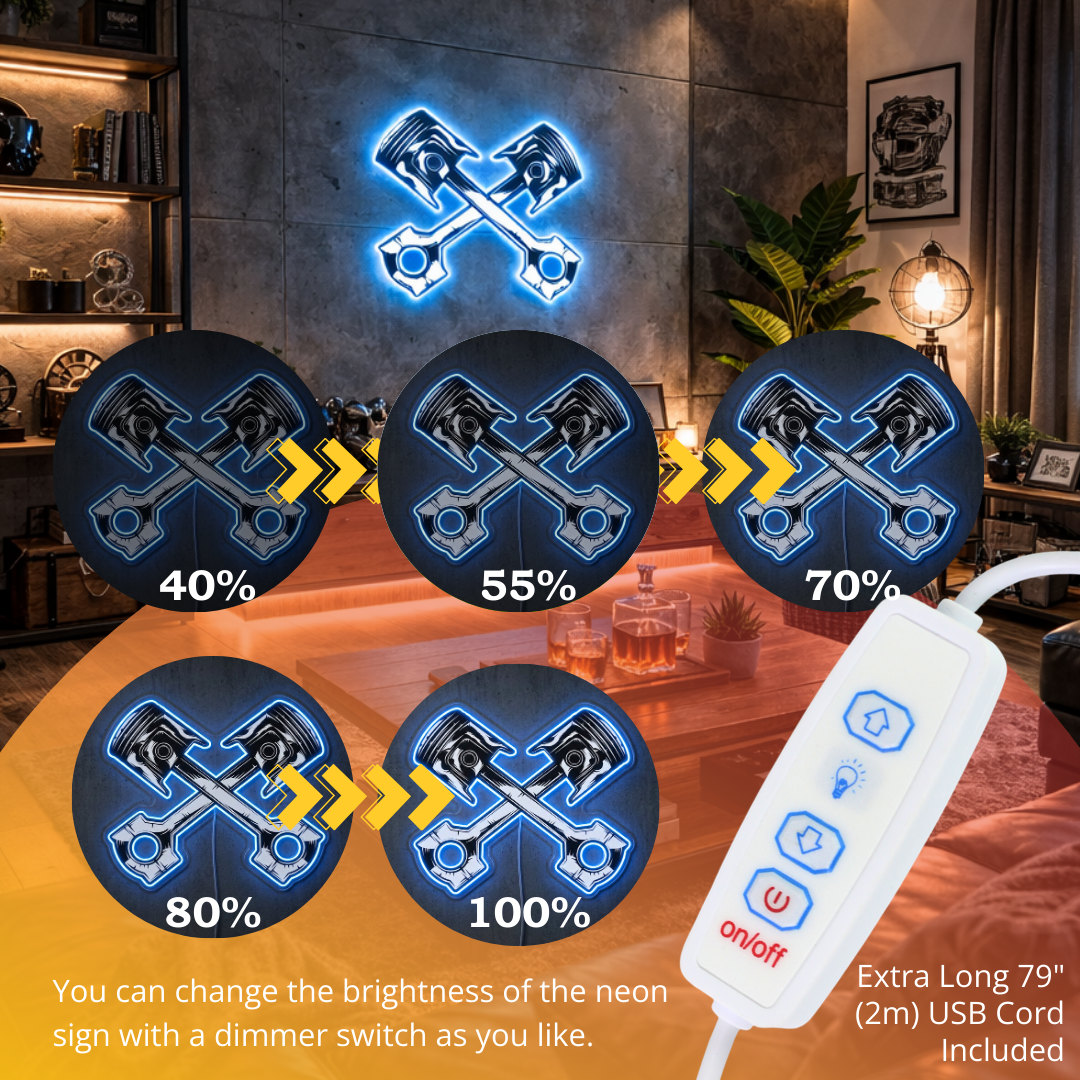 ShineNeon™ Crossed Pistons LED Neon Sign - Garage Mancave Wall Decor & Mechanic Gift