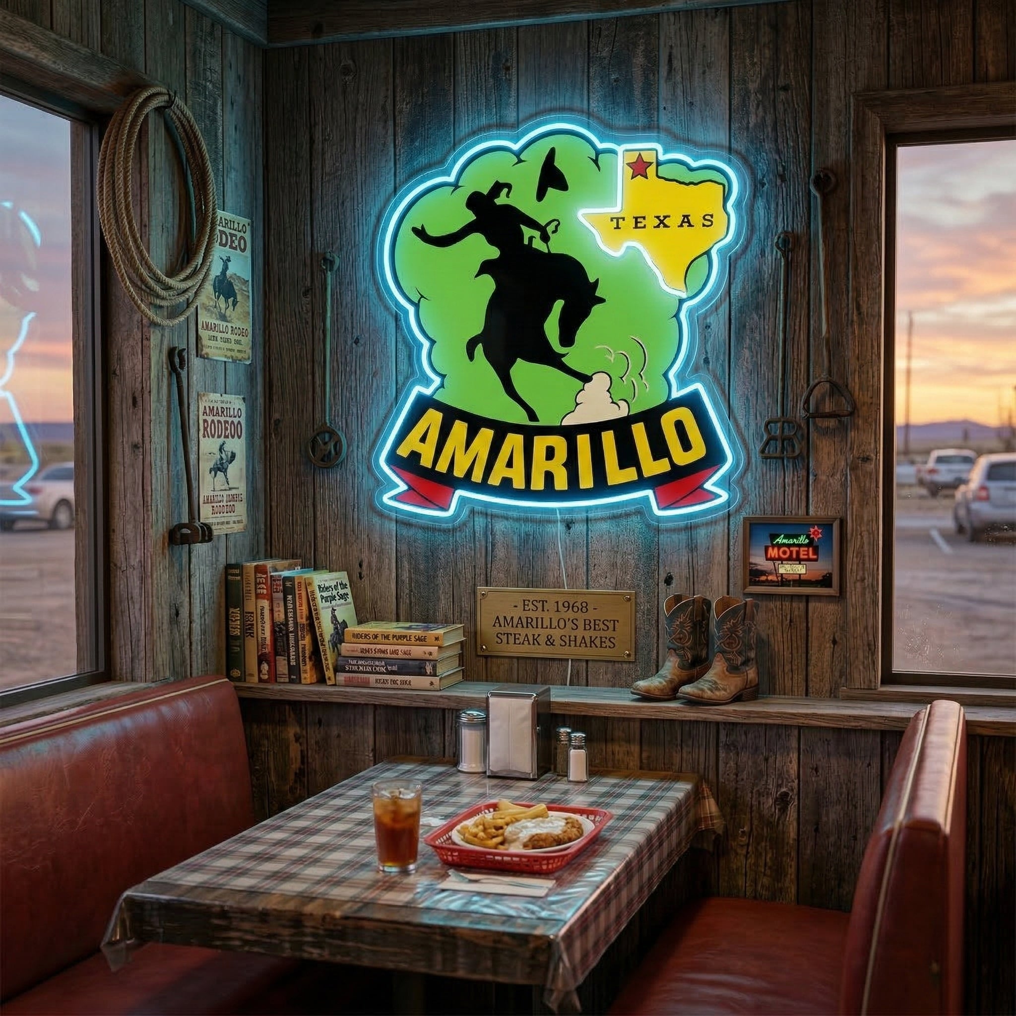 ShineNeon™ Amarillo Texas Bronco Rider LED Neon Sign Western Cowboy Man Cave Decor USB Power