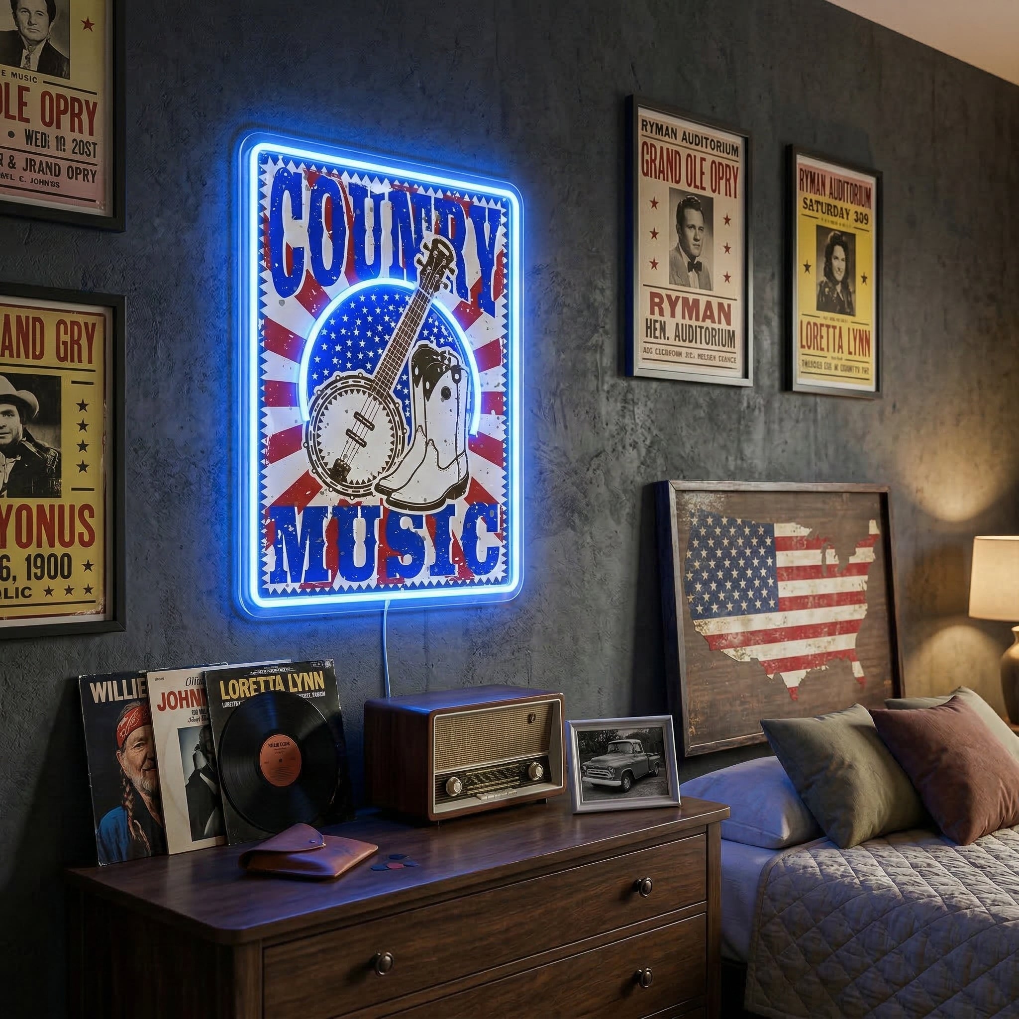 ShineNeon™ Vintage Country Music Banjo LED Neon Sign Rustic Americana Wall Art USB Power