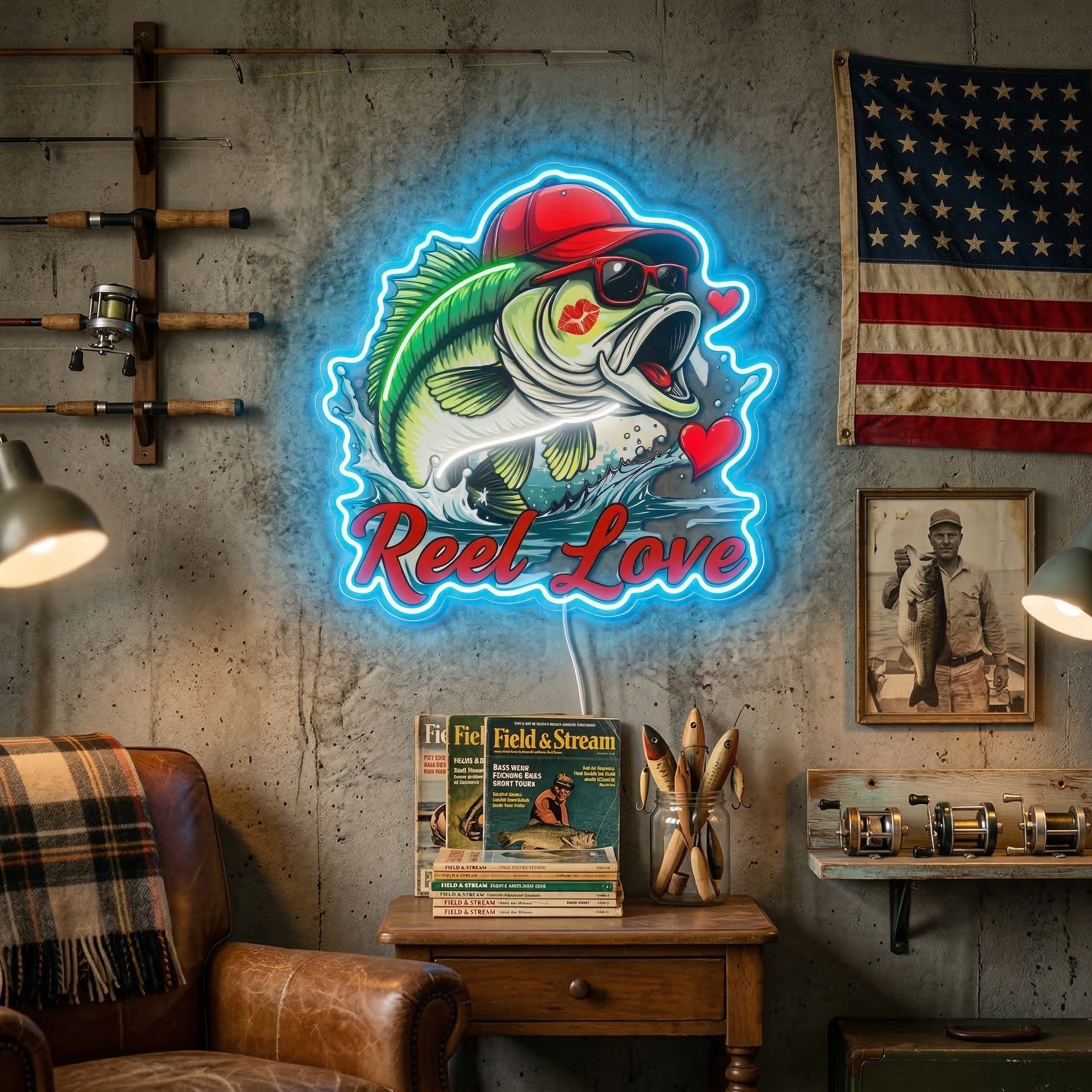 ShineNeon™ Bass Fishing Reel Love Neon Sign with Hearts Man Cave Wall Art USB Powered