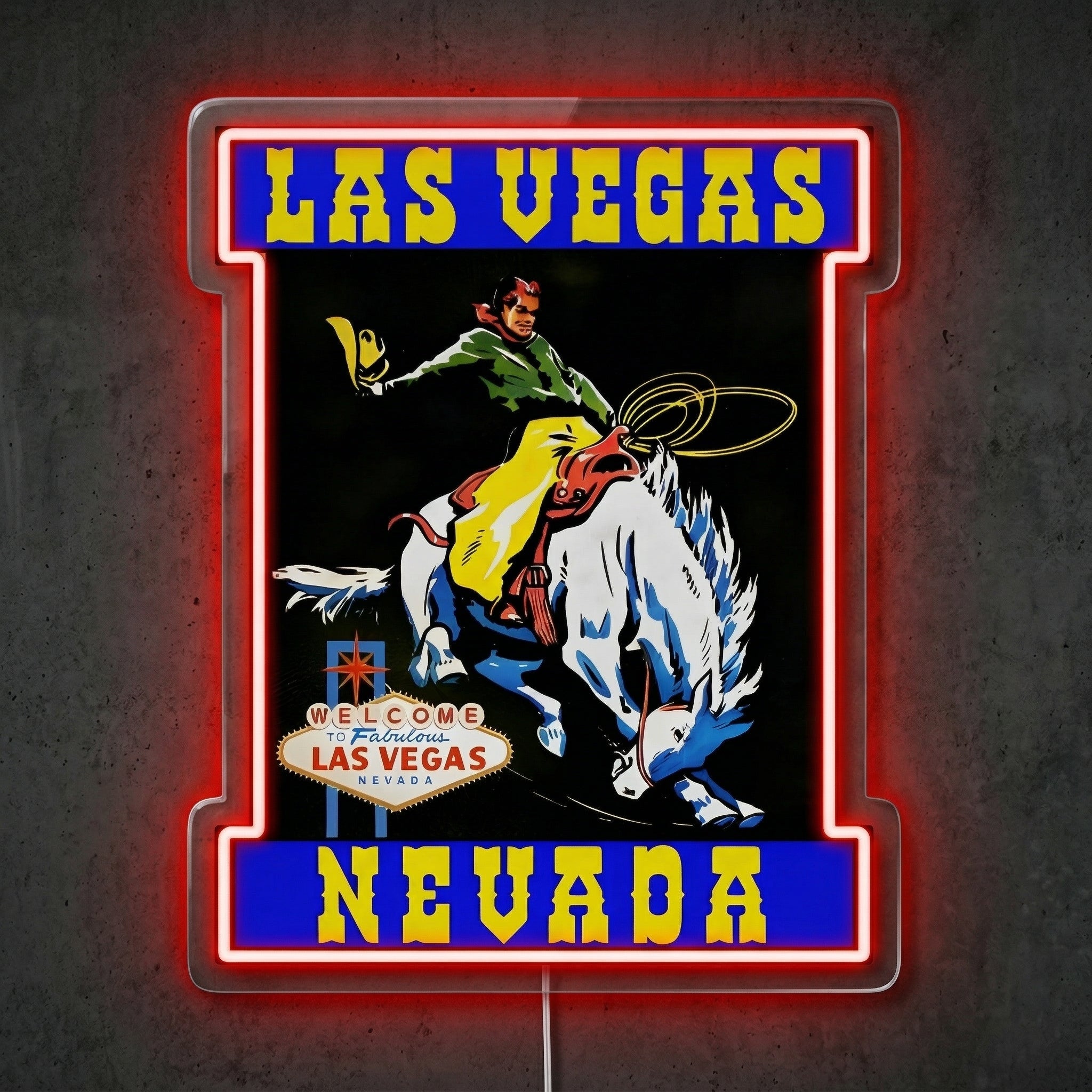 ShineNeon™ Las Vegas Cowgirl neon sign USB Power - Neon sign mounted on wall in room