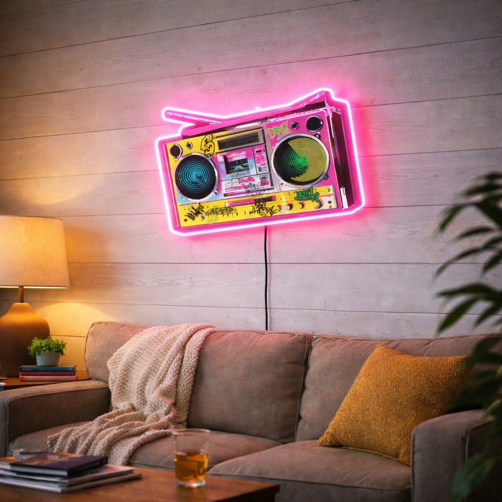 ShineNeon™ Retro 90s Boombox LED Neon Sign - Graffiti Street Art Music Studio Vibe USB Power