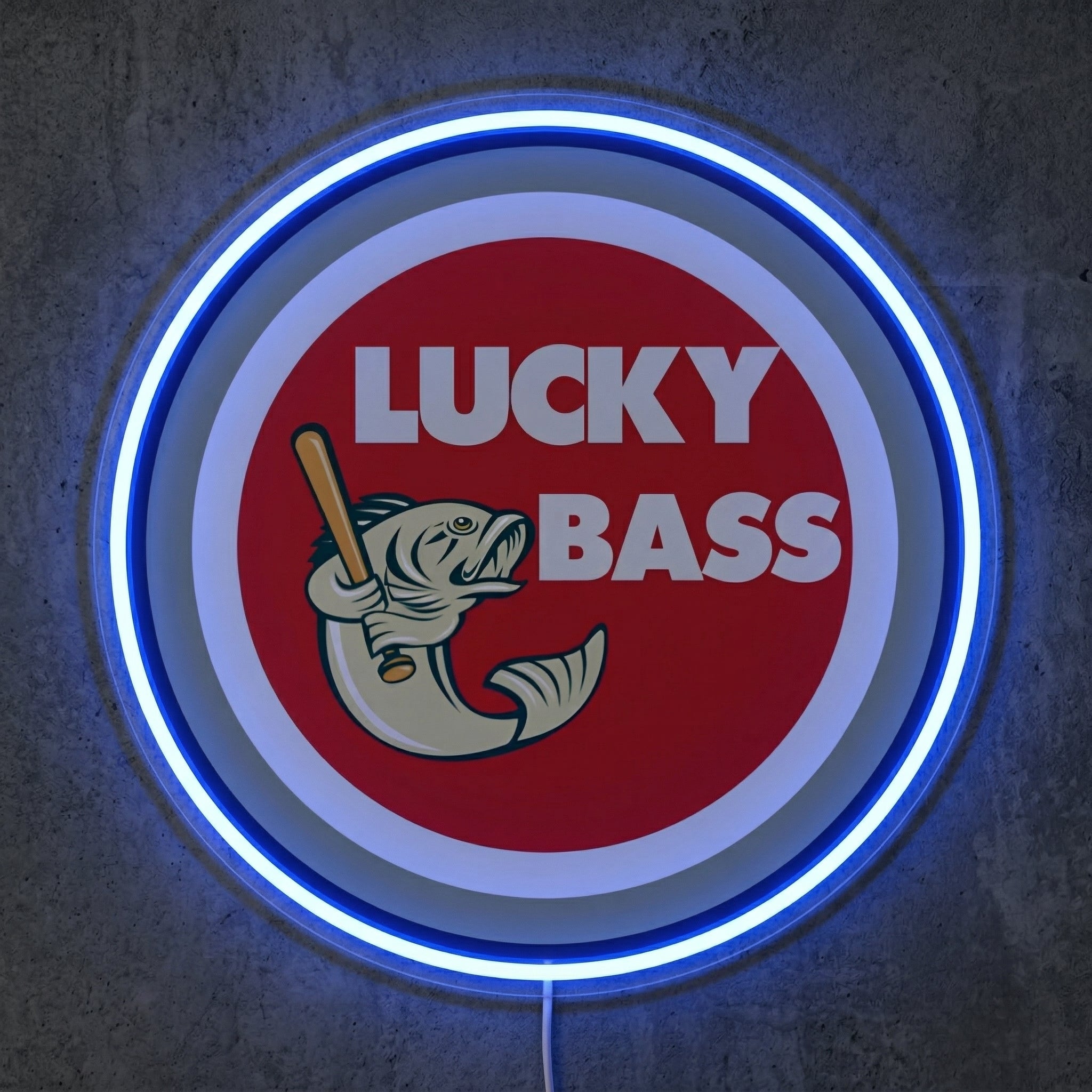 ShineNeon™ Lucky Bass Badge neon sign USB Power - Neon sign mounted on wall in room