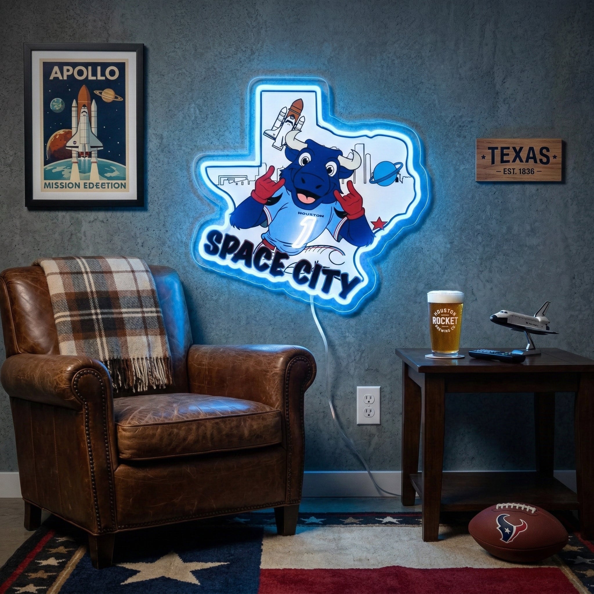 ShineNeon™ Houston Space City Texas Bull LED Neon Sign Multi-Color Sport Cave Vibe USB Power