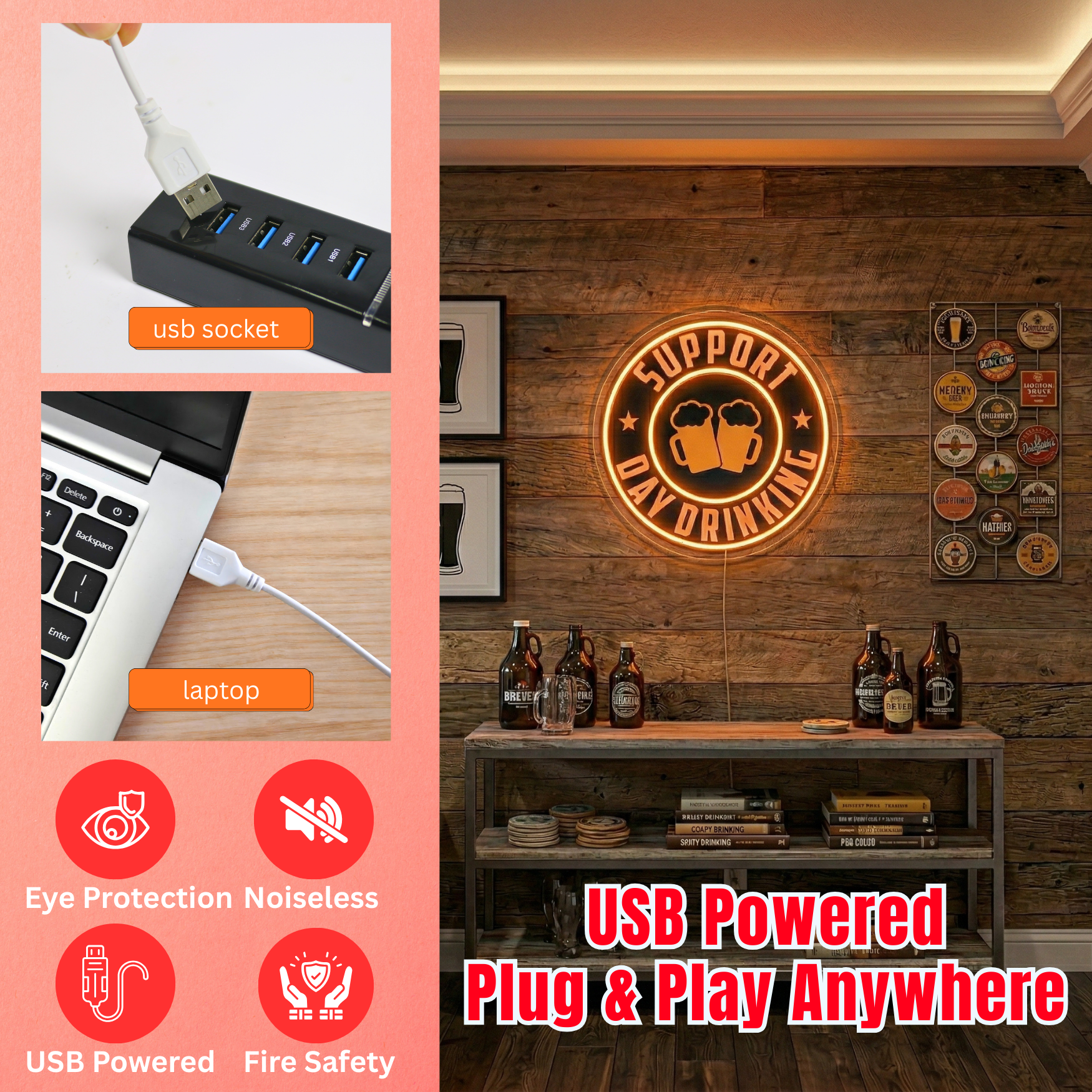 ShineNeon™ Support Day Drinking LED Neon Sign Beer Bar Decor Man Cave USB Powered