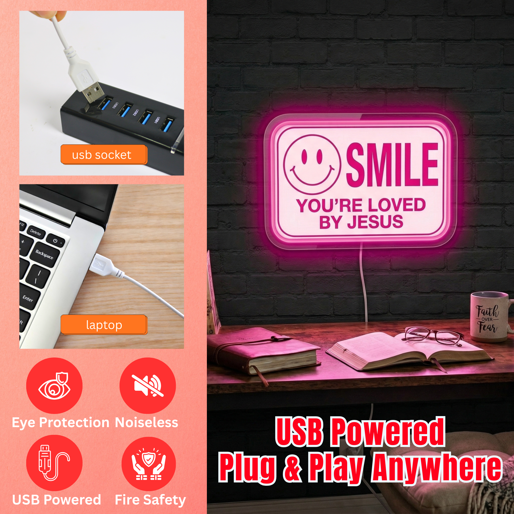 ShineNeon™ Jesus Loves You Smile LED Neon Sign Home Wall Faith Decor USB Powered