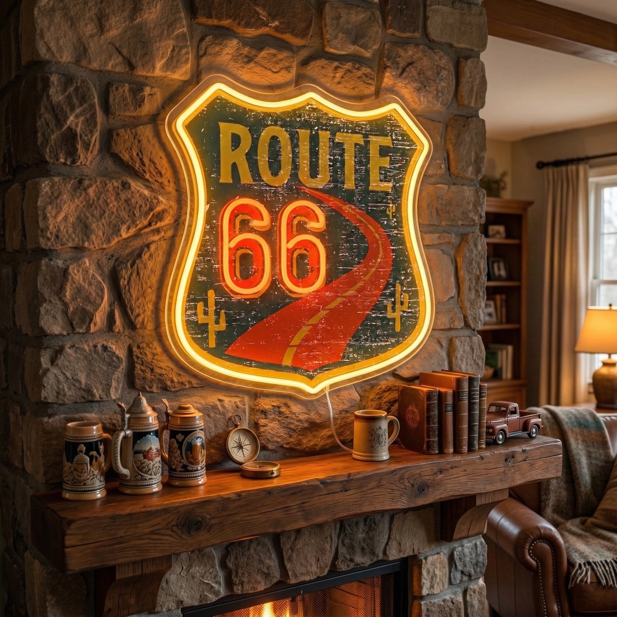 ShineNeon™ Route 66 Retro Road Trip LED Neon Sign - Vintage Desert Vibe Garage Decor USB Power