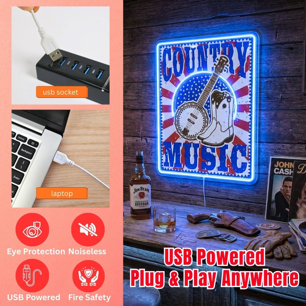 ShineNeon™ Vintage Country Music Banjo LED Neon Sign Rustic Americana Wall Art USB Power