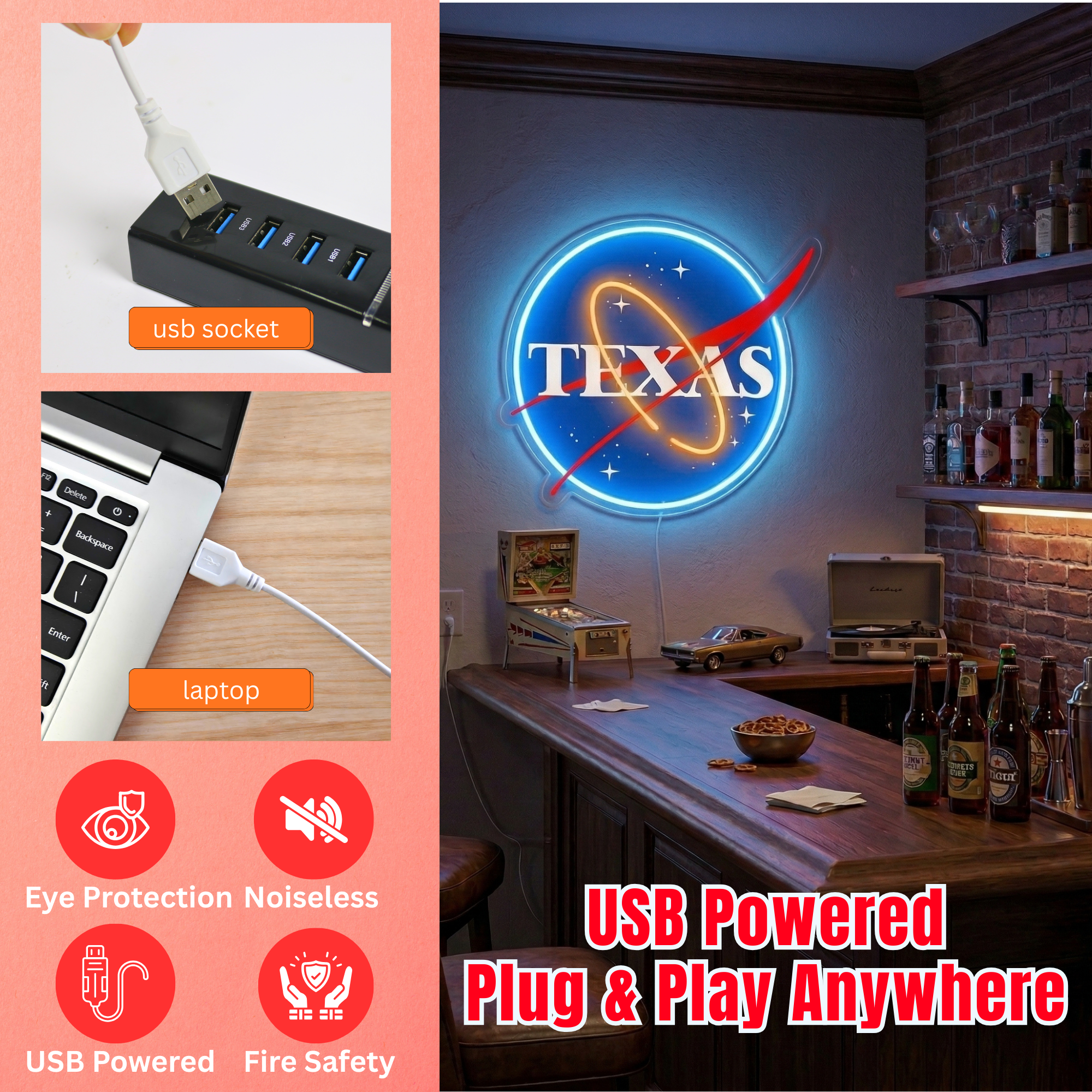 ShineNeon™ Texas Space NASA Style LED Neon Sign Home Wall Art USB Powered