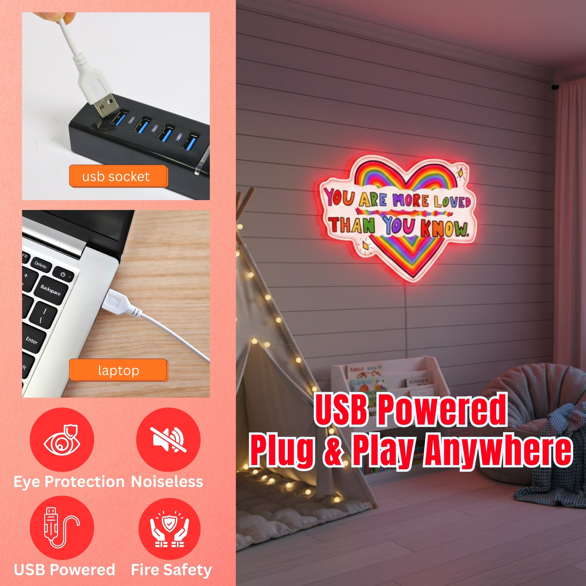 ShineNeon™ You Are More Loved LED Neon Sign - USB Power Rainbow Heart Wall Decor for Home
