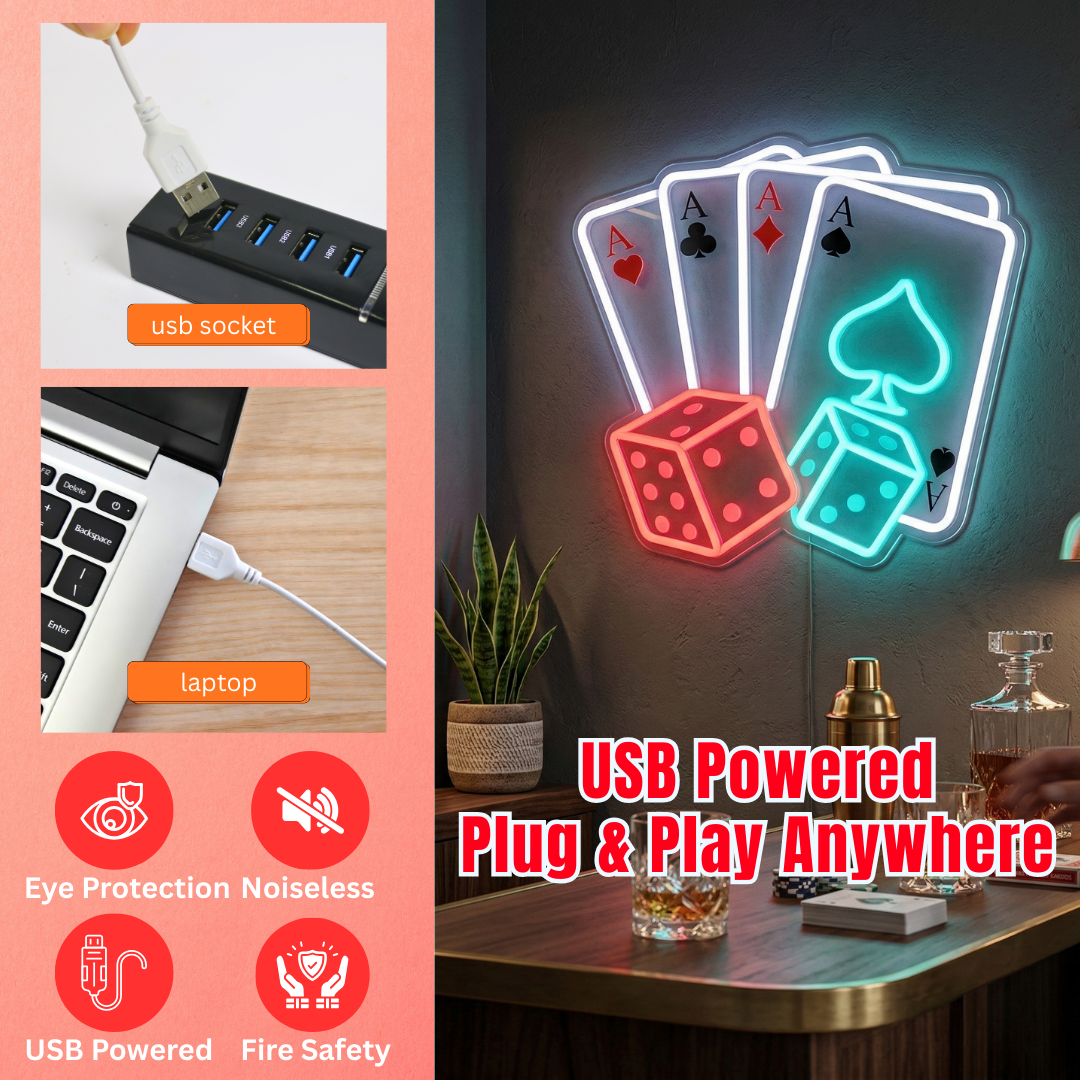 ShineNeon™ Four Aces & Dice LED Neon Sign - Vegas Casino Game Room Decor for Man Cave