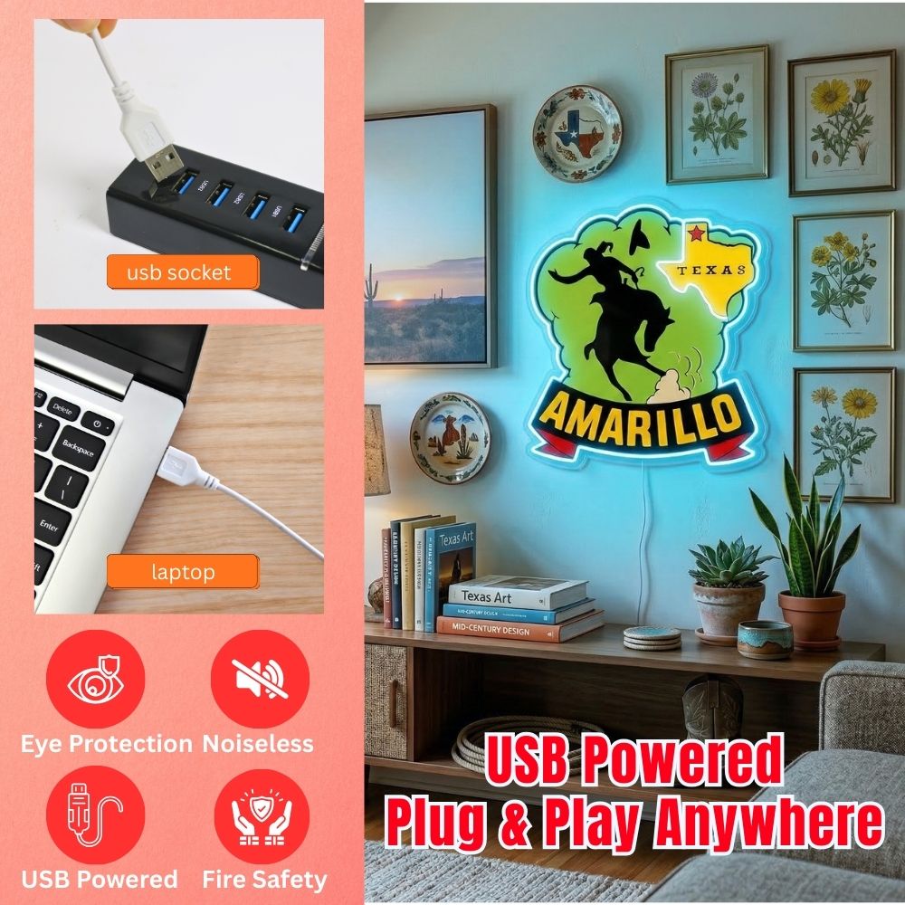 ShineNeon™ Amarillo Texas Bronco Rider LED Neon Sign Western Cowboy Man Cave Decor USB Power
