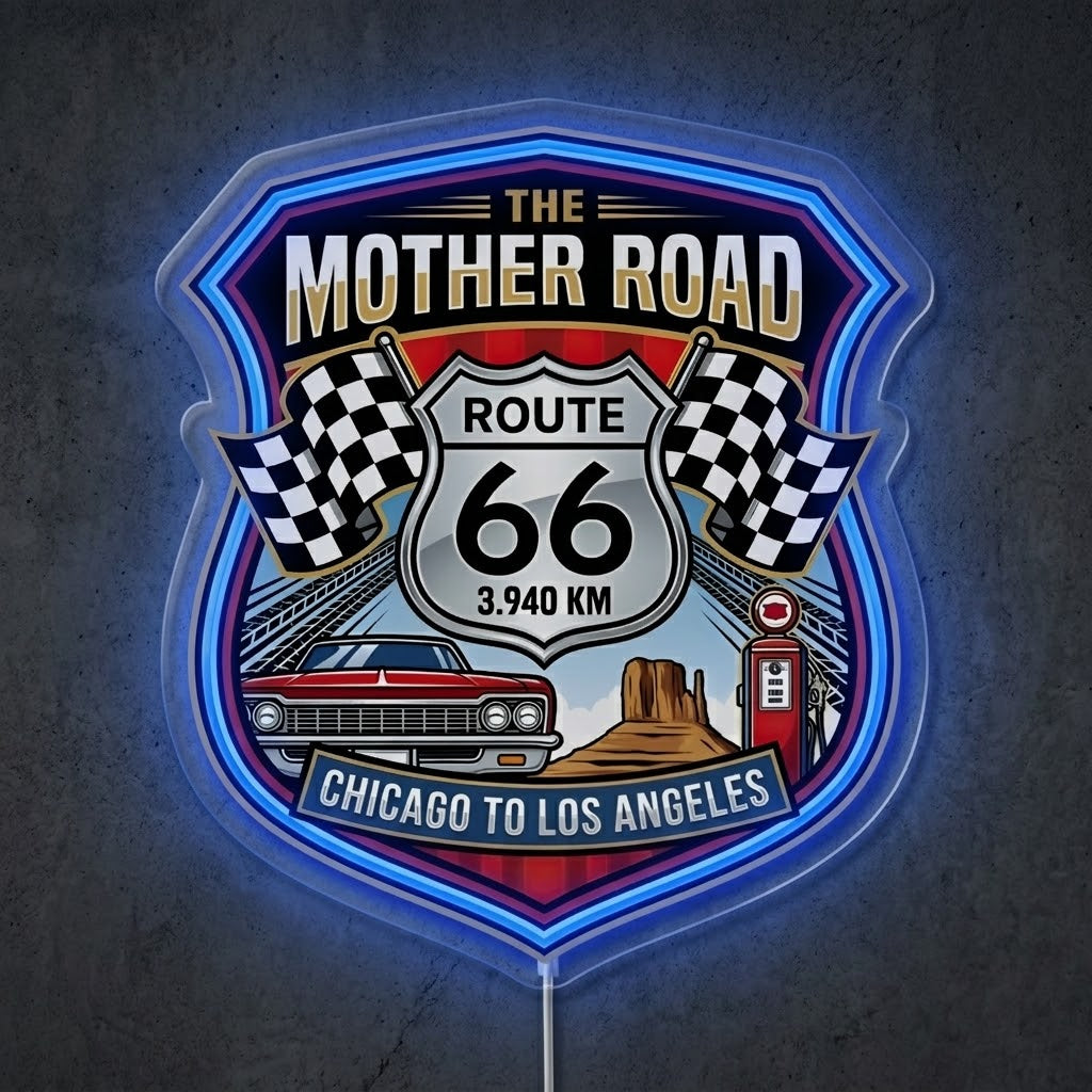 ShineNeon™ Mother Road Route 66 neon sign USB Power - Neon sign mounted on wall in room