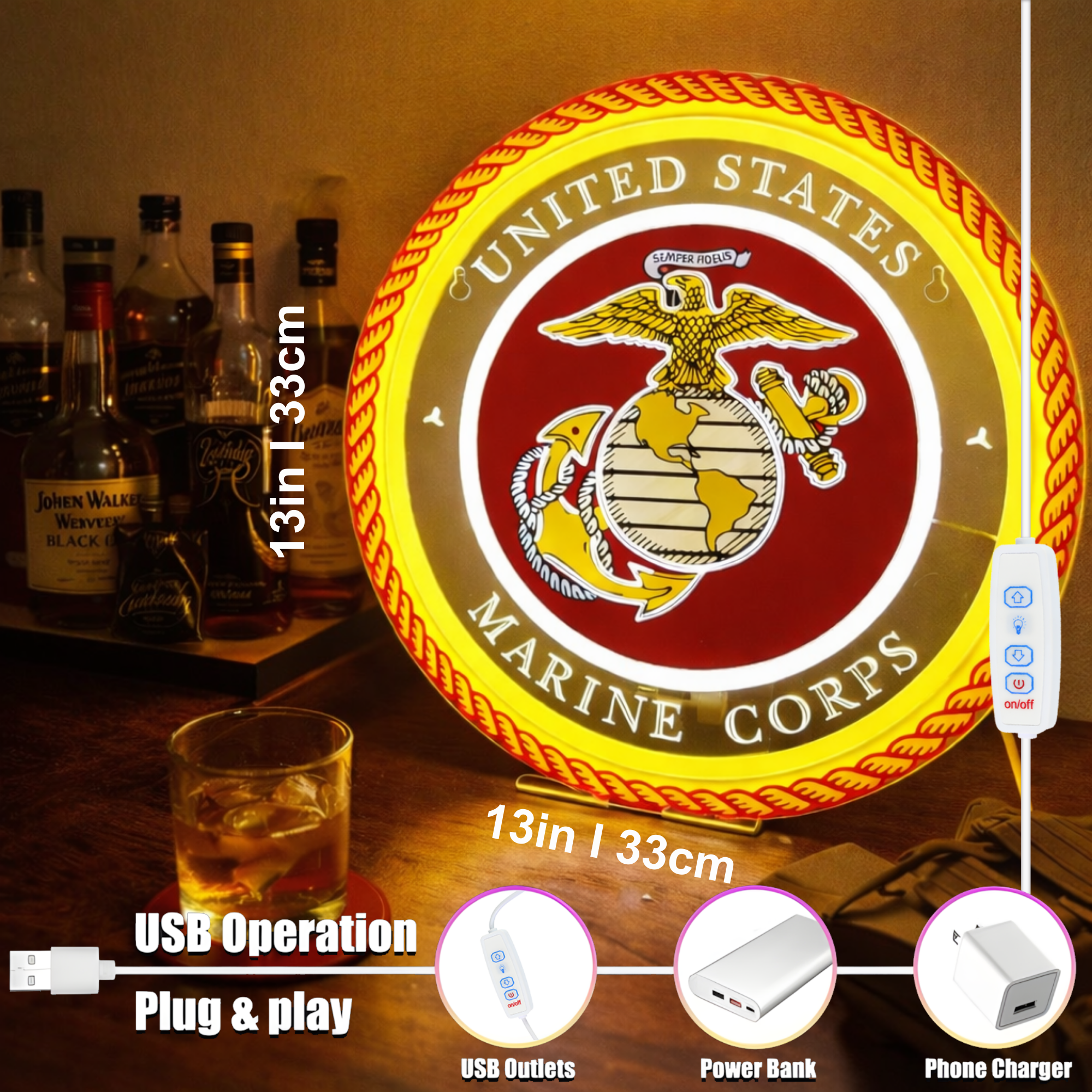ShineNeon™ Semper Fi Legacy LED Neon Sign – Gold & Red Patriotic Light for Man Cave