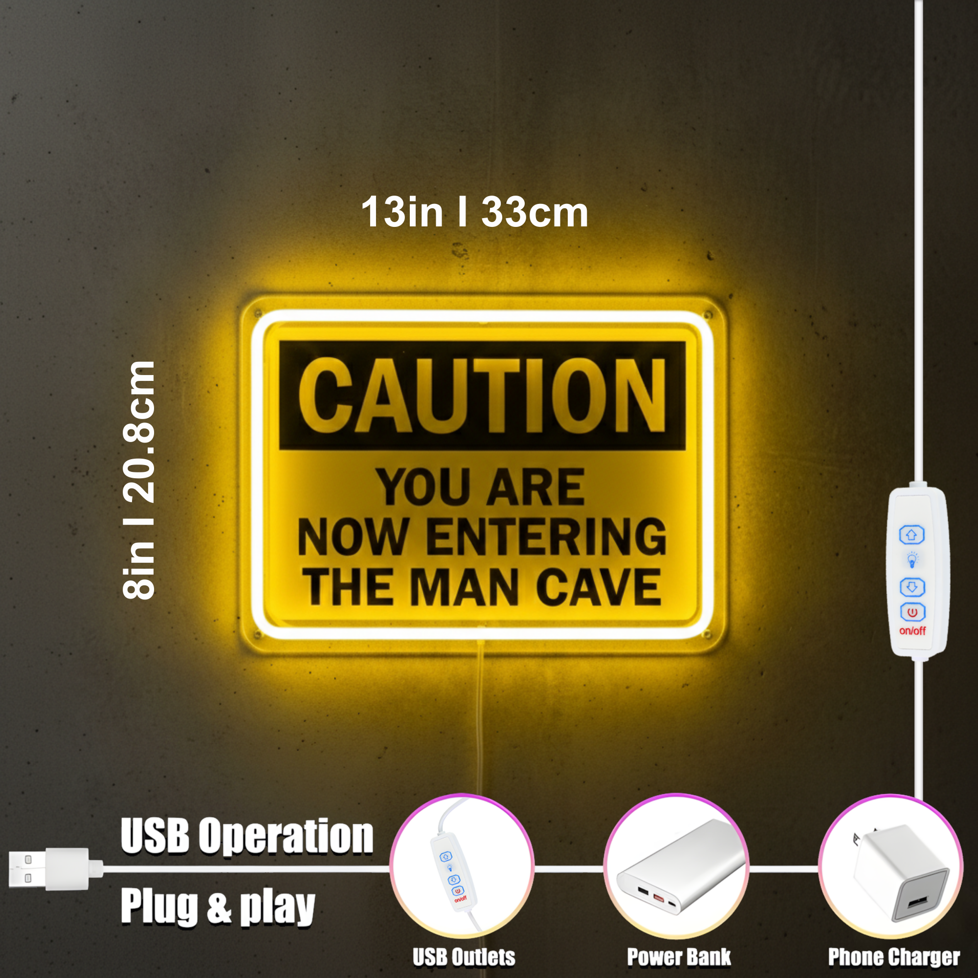 ShineNeon™ Caution Man Cave LED Neon Sign - Yellow Warning Light for Garage & Game Room