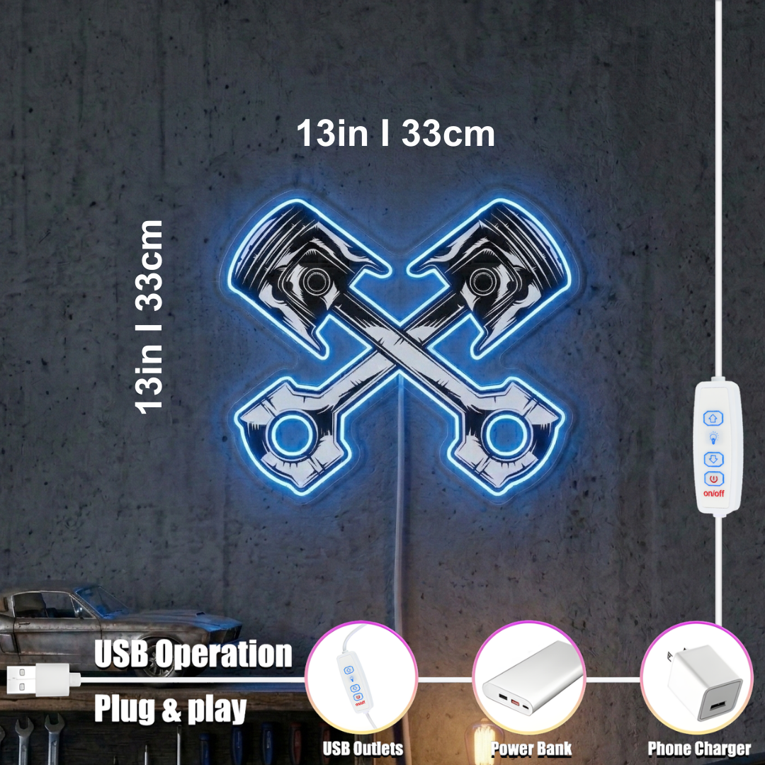 ShineNeon™ Crossed Pistons LED Neon Sign - Garage Mancave Wall Decor & Mechanic Gift