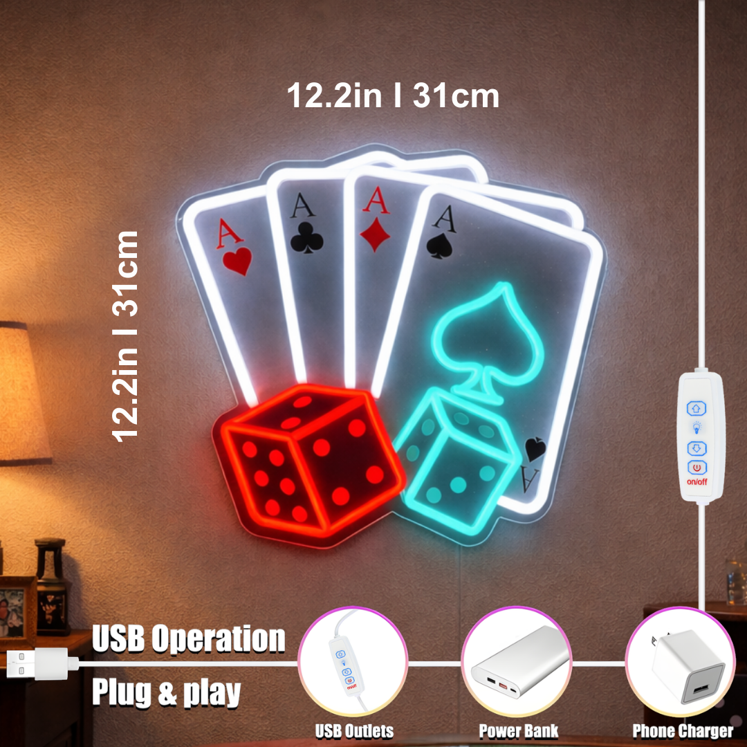 ShineNeon™ Four Aces & Dice LED Neon Sign - Vegas Casino Game Room Decor for Man Cave