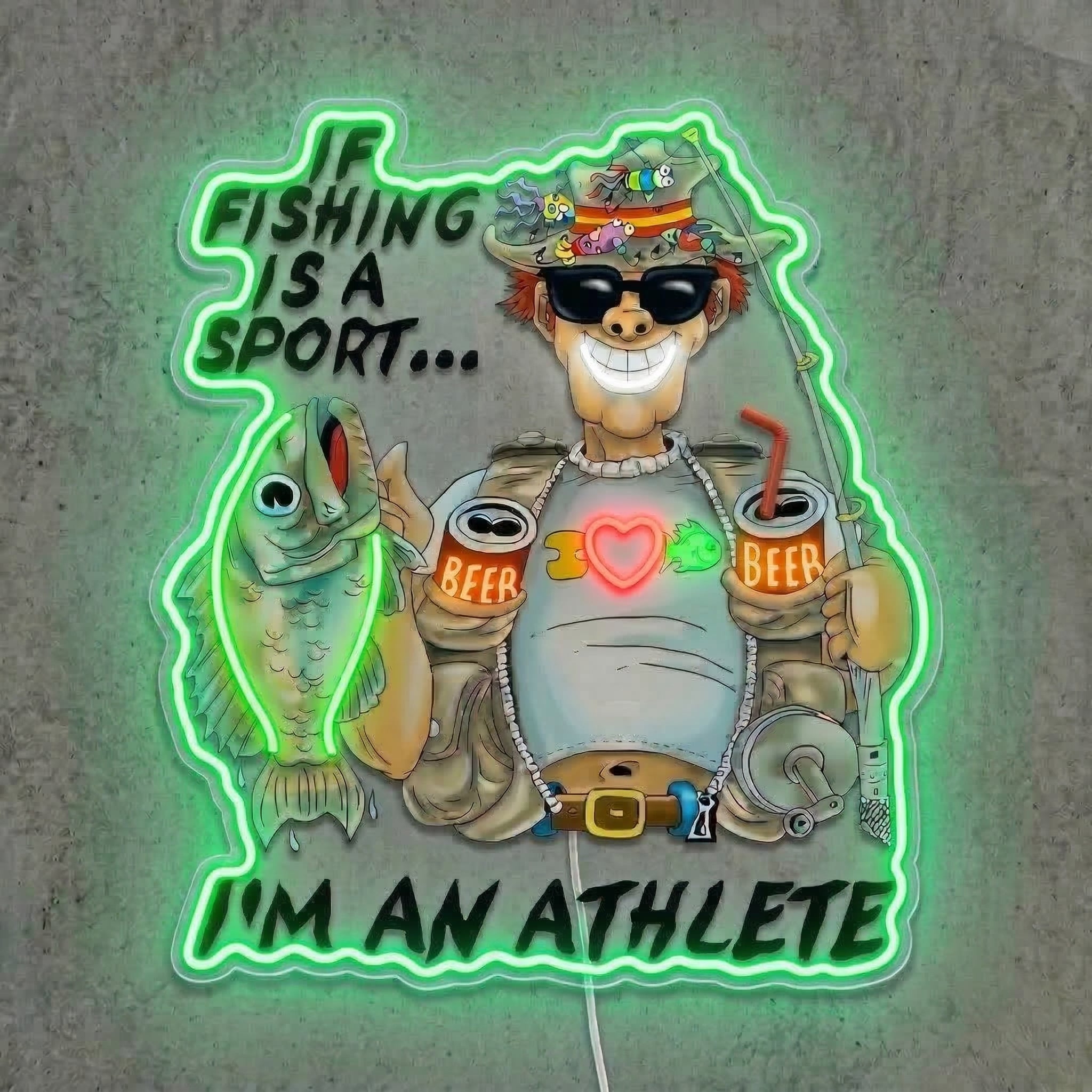 ShineNeon™ Funny Fishing Athlete Neon Sign Beer & Bass LED Wall Decor USB Powered
