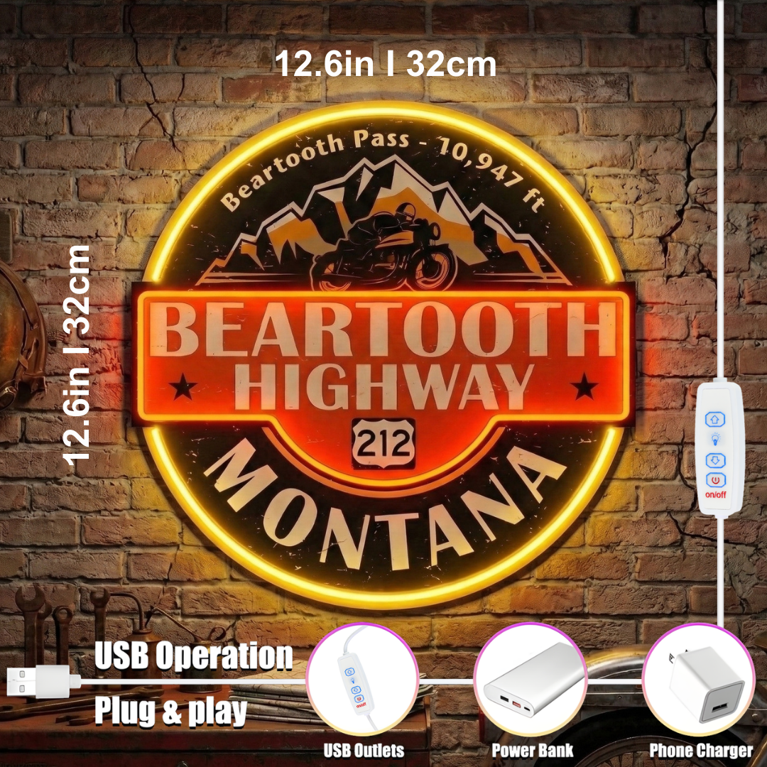 ShineNeon™ Beartooth Highway 212 Motorcycle Neon Sign - Retro Montana Garage & Man Cave Decor