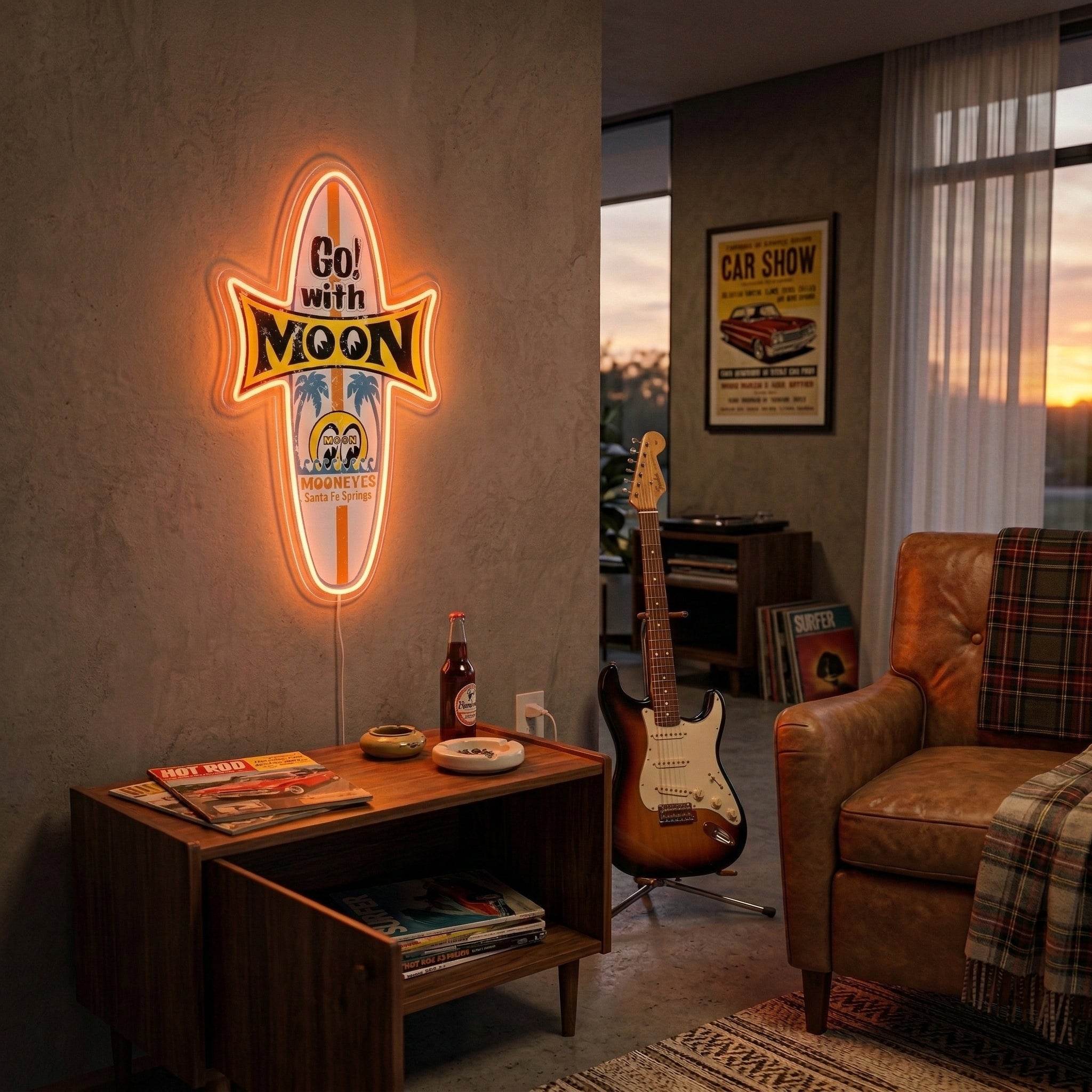 ShineNeon™ Mooneyes Surfboard LED Neon Sign Retro Garage Decor Tropical Vibe USB Power