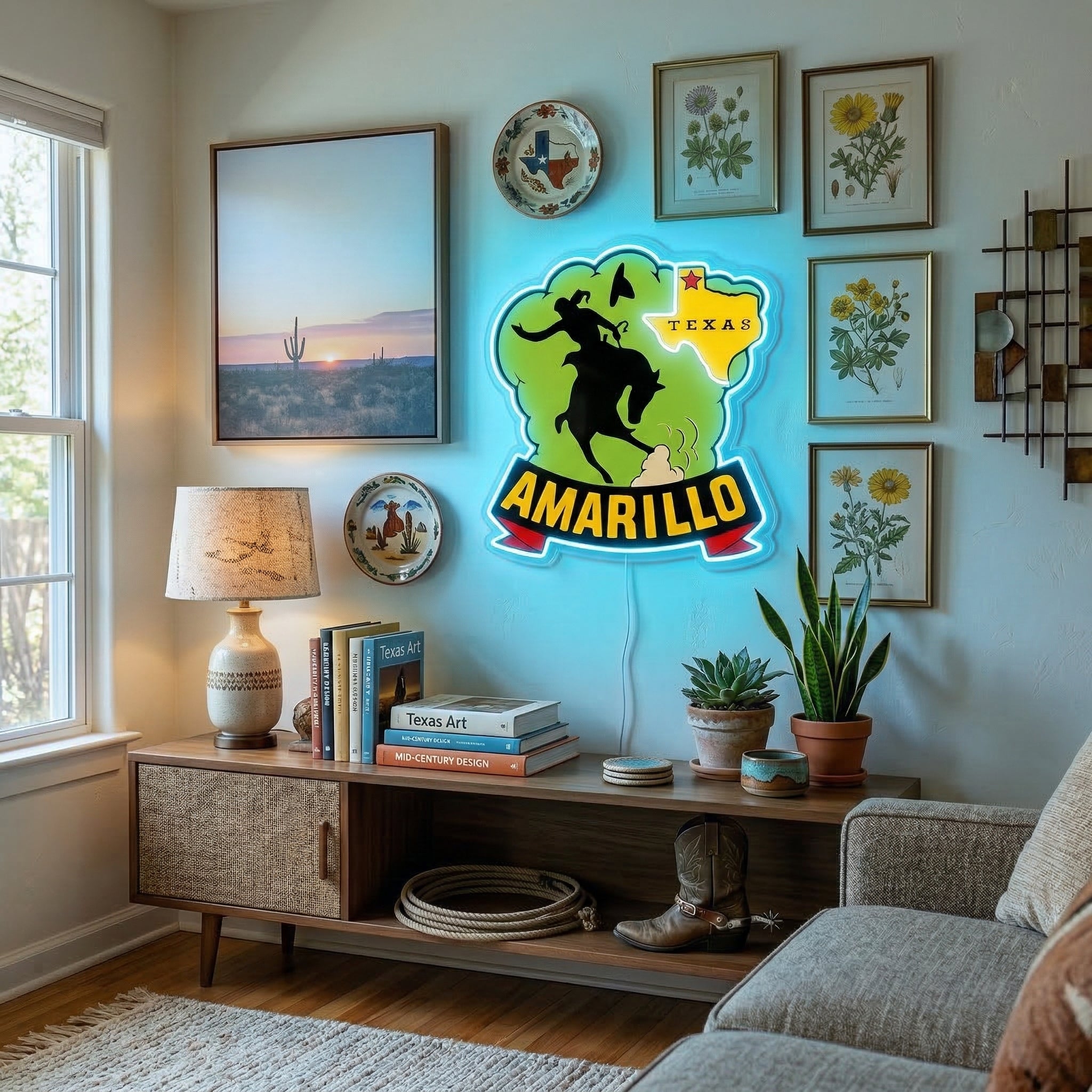 ShineNeon™ Amarillo Texas Bronco Rider LED Neon Sign Western Cowboy Man Cave Decor USB Power