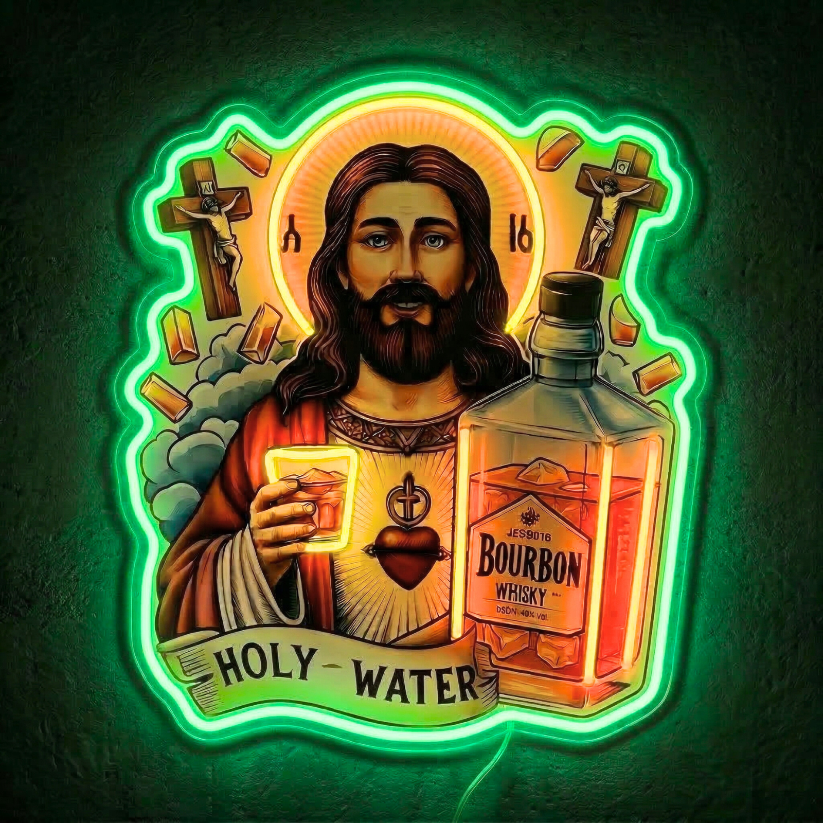 ShineNeon™ Holy Water Bourbon Jesus Neon Sign - Funny Home Bar & Man Cave Wall Decor - USB Power