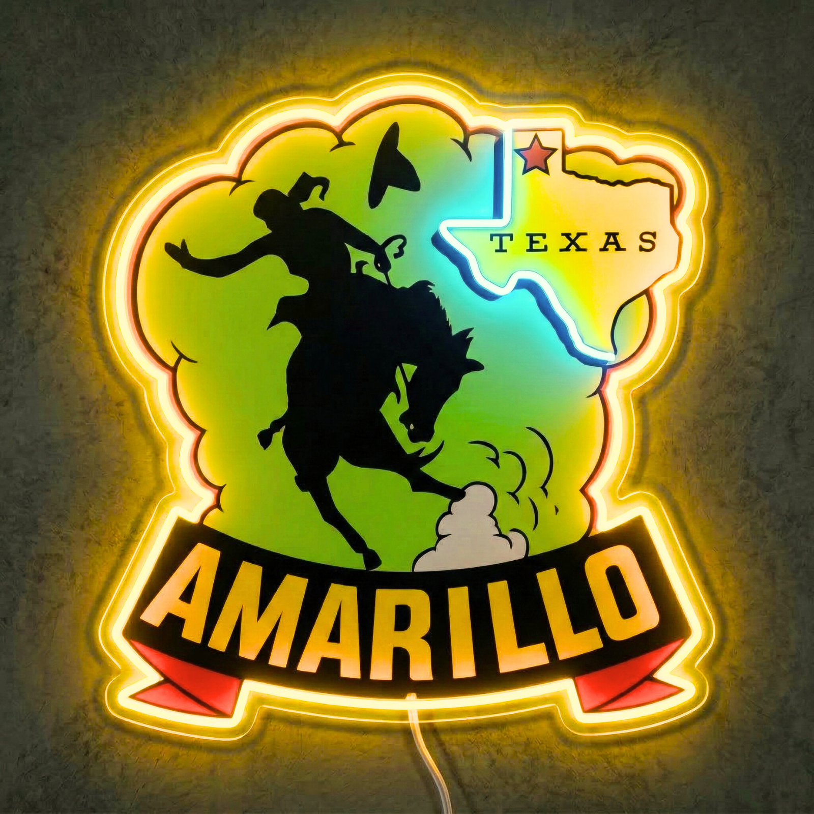 ShineNeon™ Amarillo Texas Bronco Rider LED Neon Sign Western Cowboy Man Cave Decor USB Power