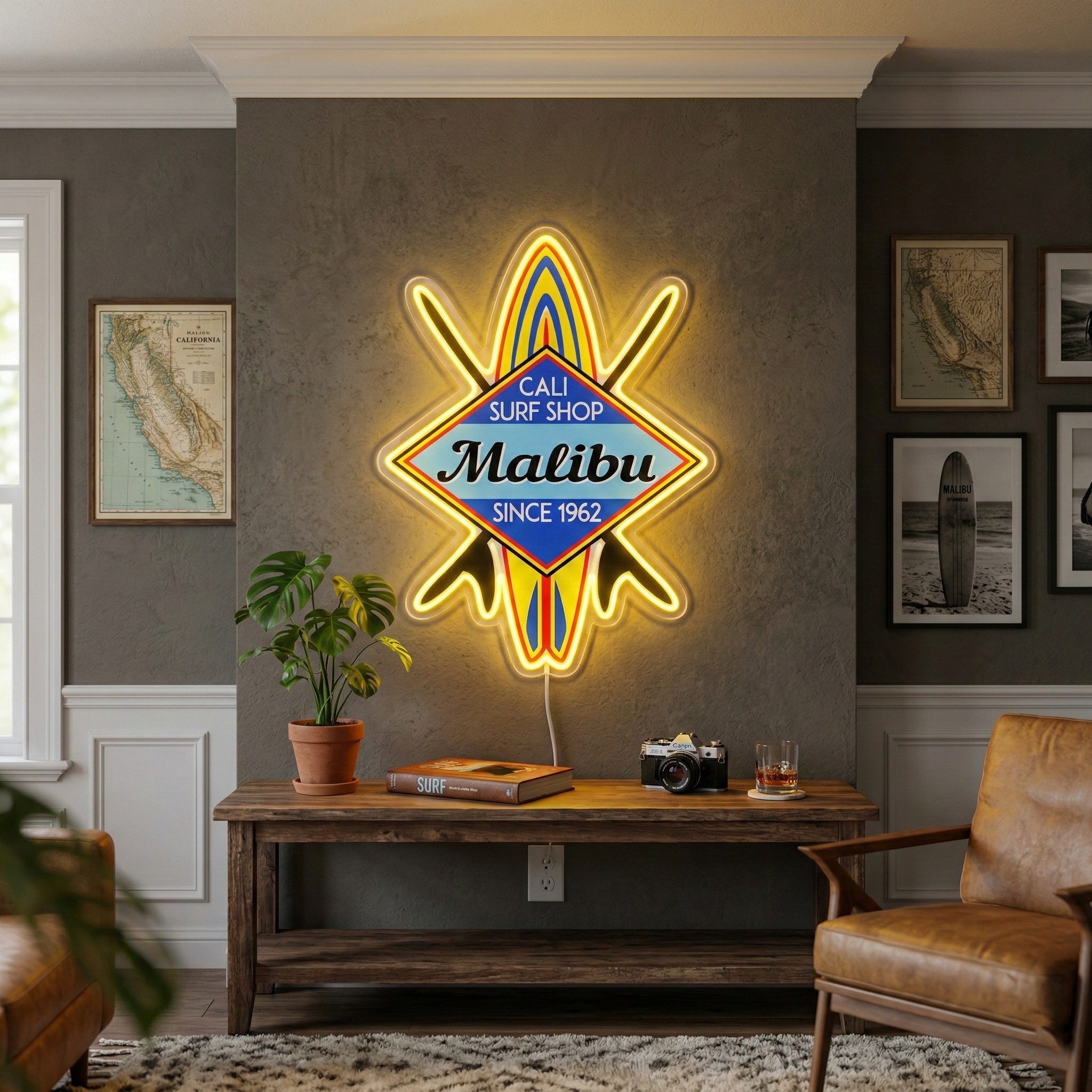 ShineNeon™ Malibu Cali Surf Shop LED Neon Sign - Retro Beach Vibe Wall Decor (USB Powered)