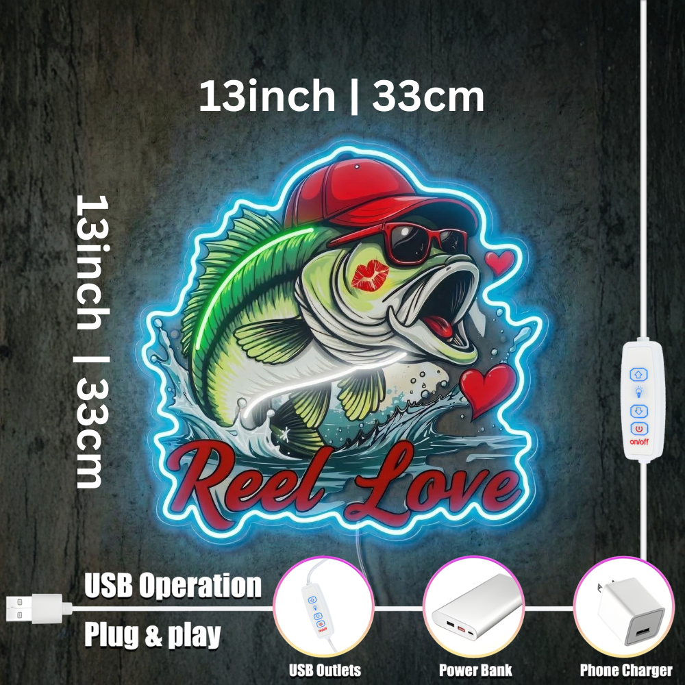 ShineNeon™ Bass Fishing Reel Love Neon Sign with Hearts Man Cave Wall Art USB Powered