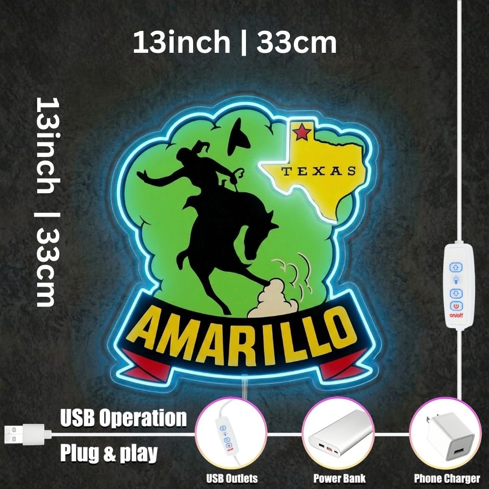 ShineNeon™ Amarillo Texas Bronco Rider LED Neon Sign Western Cowboy Man Cave Decor USB Power