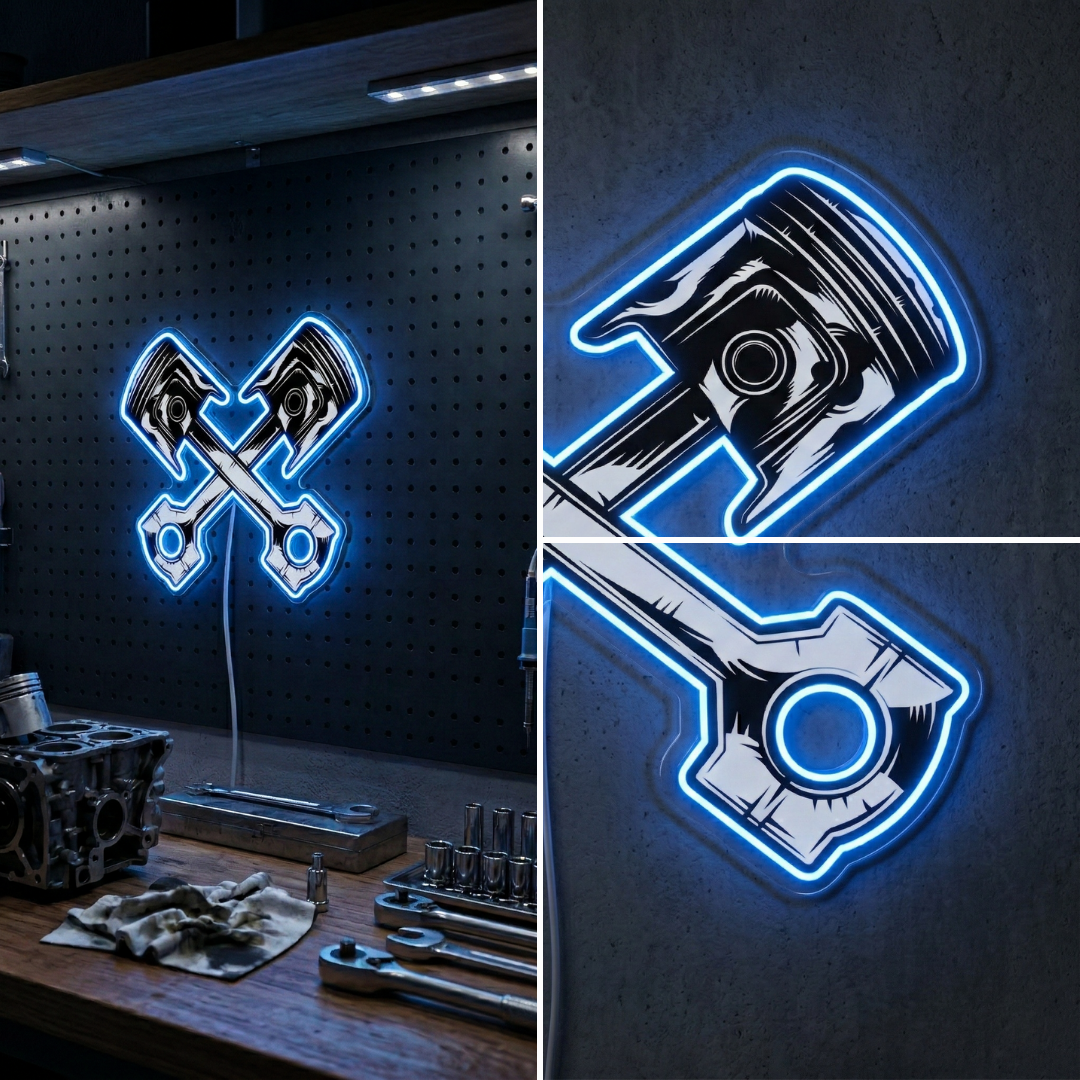 ShineNeon™ Crossed Pistons LED Neon Sign - Garage Mancave Wall Decor & Mechanic Gift