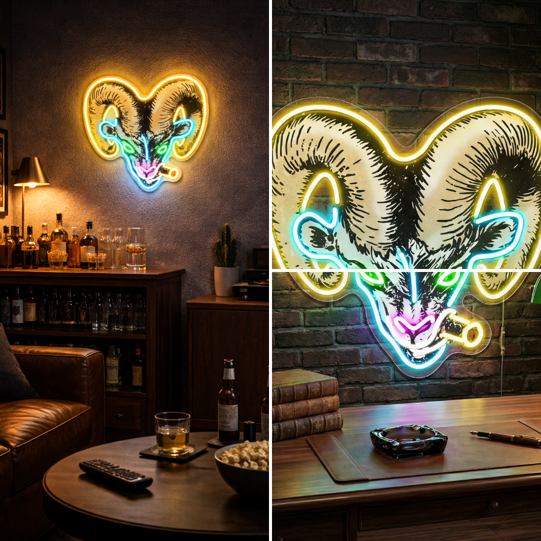 ShineNeon™ Badass Ram with Cigar LED Neon Sign - Gritty Neon Wall Art for Man Cave & Home Bar