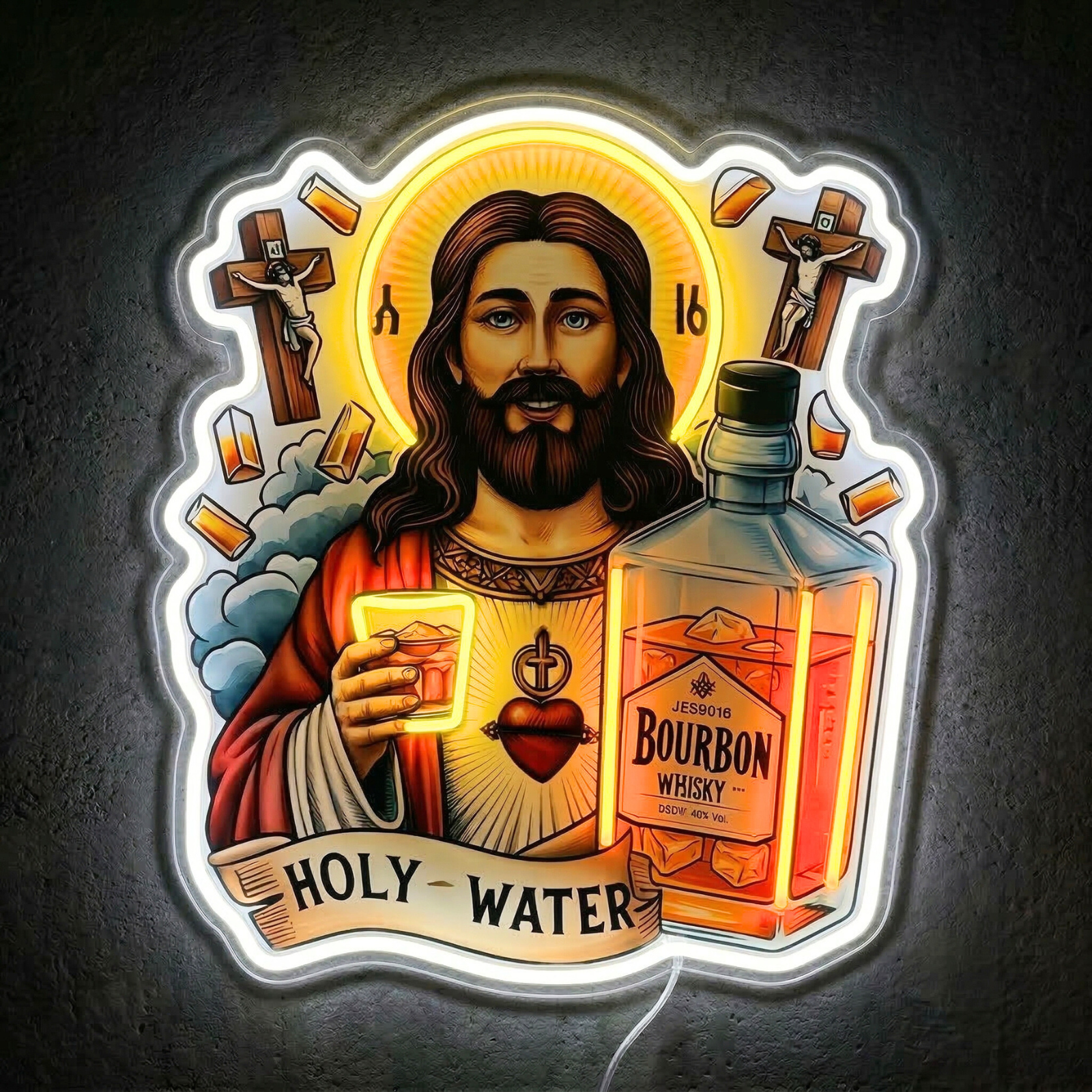 ShineNeon™ Holy Water Bourbon Jesus Neon Sign - Funny Home Bar & Man Cave Wall Decor - USB Power