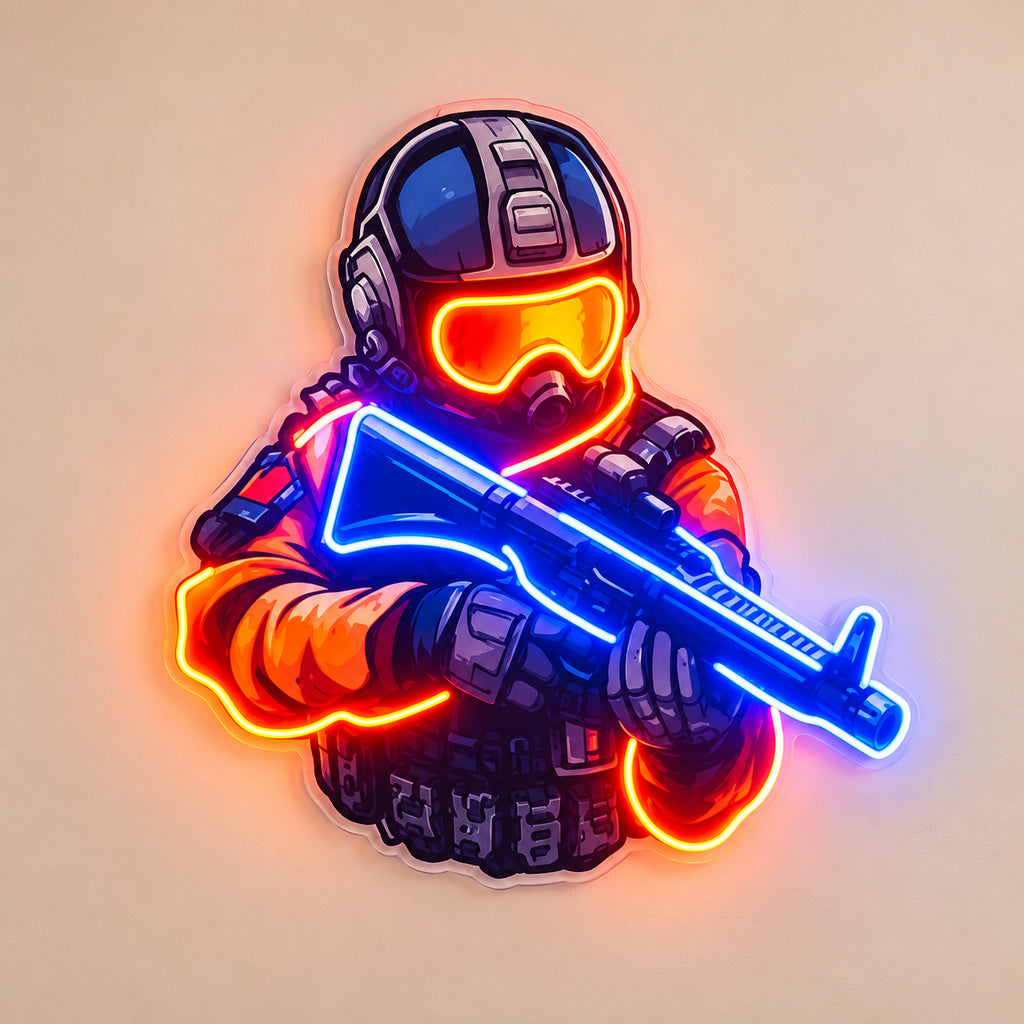 Blue Orange Tactical Character LED Neon Sign plain background