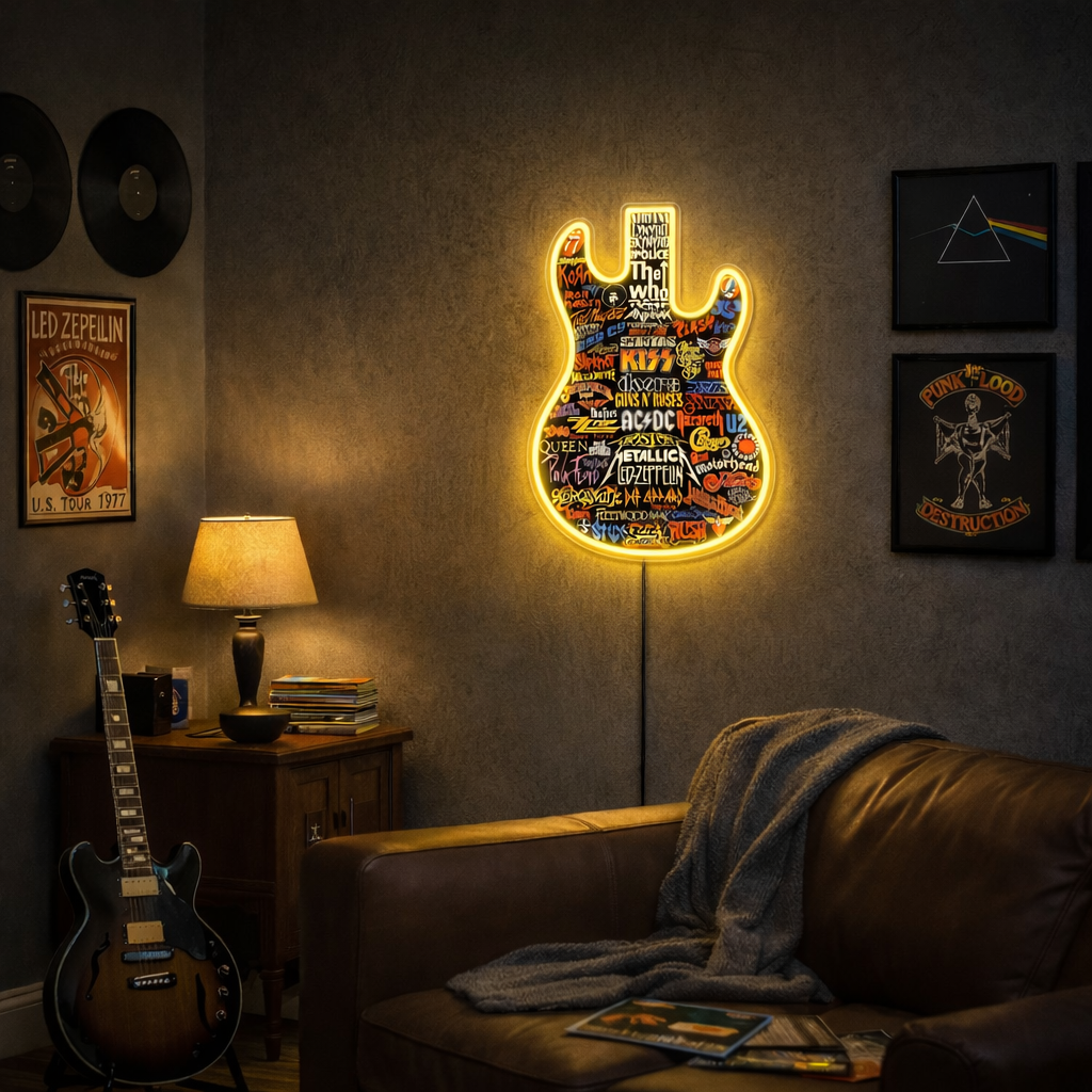 ShineNeon™ Classic Rock Guitar LED Neon Sign - Multi-Band Logo Art for Music Room & Garage