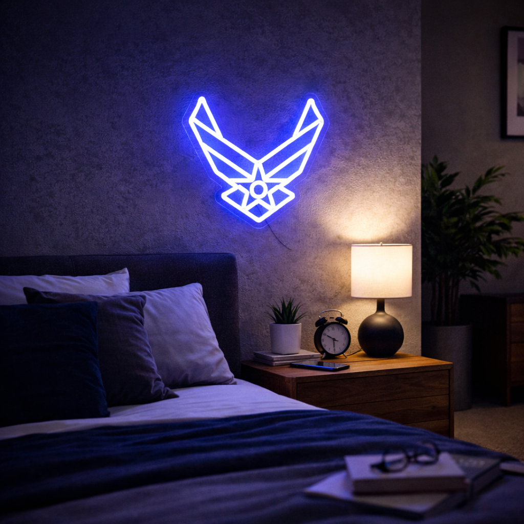 ShineNeon™ Stealth Wing LED Neon Sign – Tactical Blue Glow for Garage & Mancave