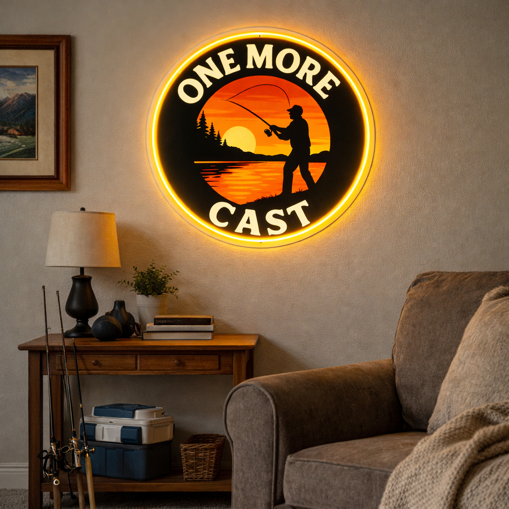 ShineNeon™ One More Cast Fishing LED Neon Sign - Sunset Lake House Wall Decor for Mancave