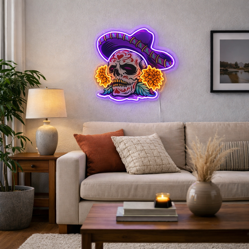 ShineNeon™ Sombrero Sugar Skull Neon Sign - Vibrant Day of the Dead Wall Decor for Man Cave