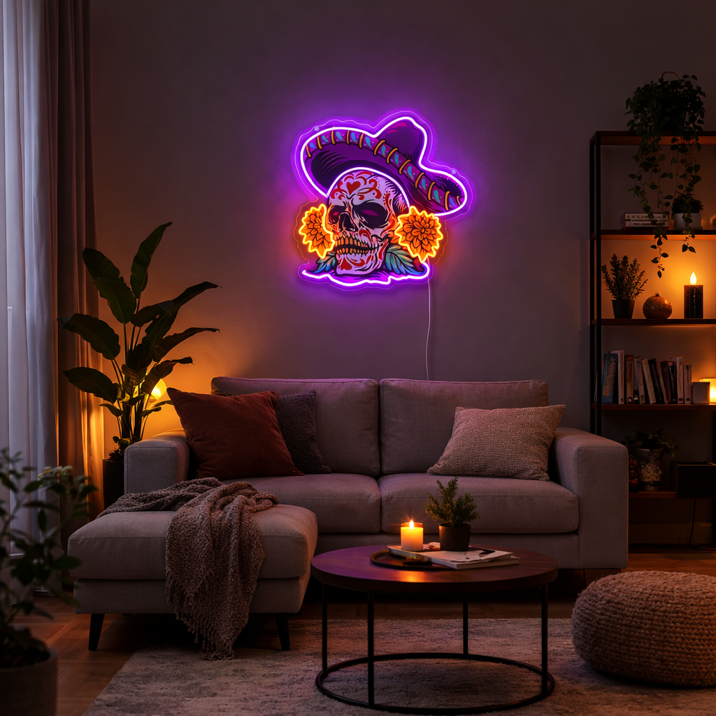 ShineNeon™ Sombrero Sugar Skull Neon Sign - Vibrant Day of the Dead Wall Decor for Man Cave
