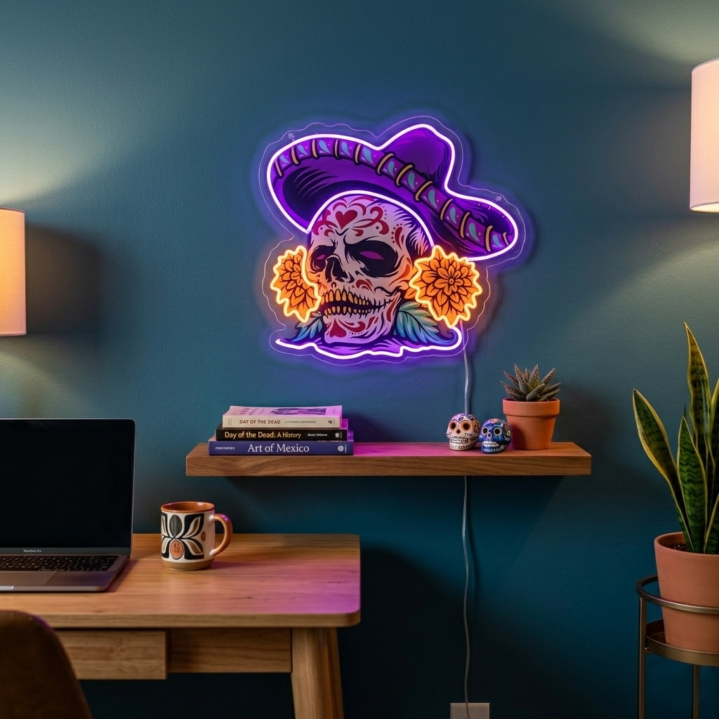 ShineNeon™ Sombrero Sugar Skull Neon Sign - Vibrant Day of the Dead Wall Decor for Man Cave